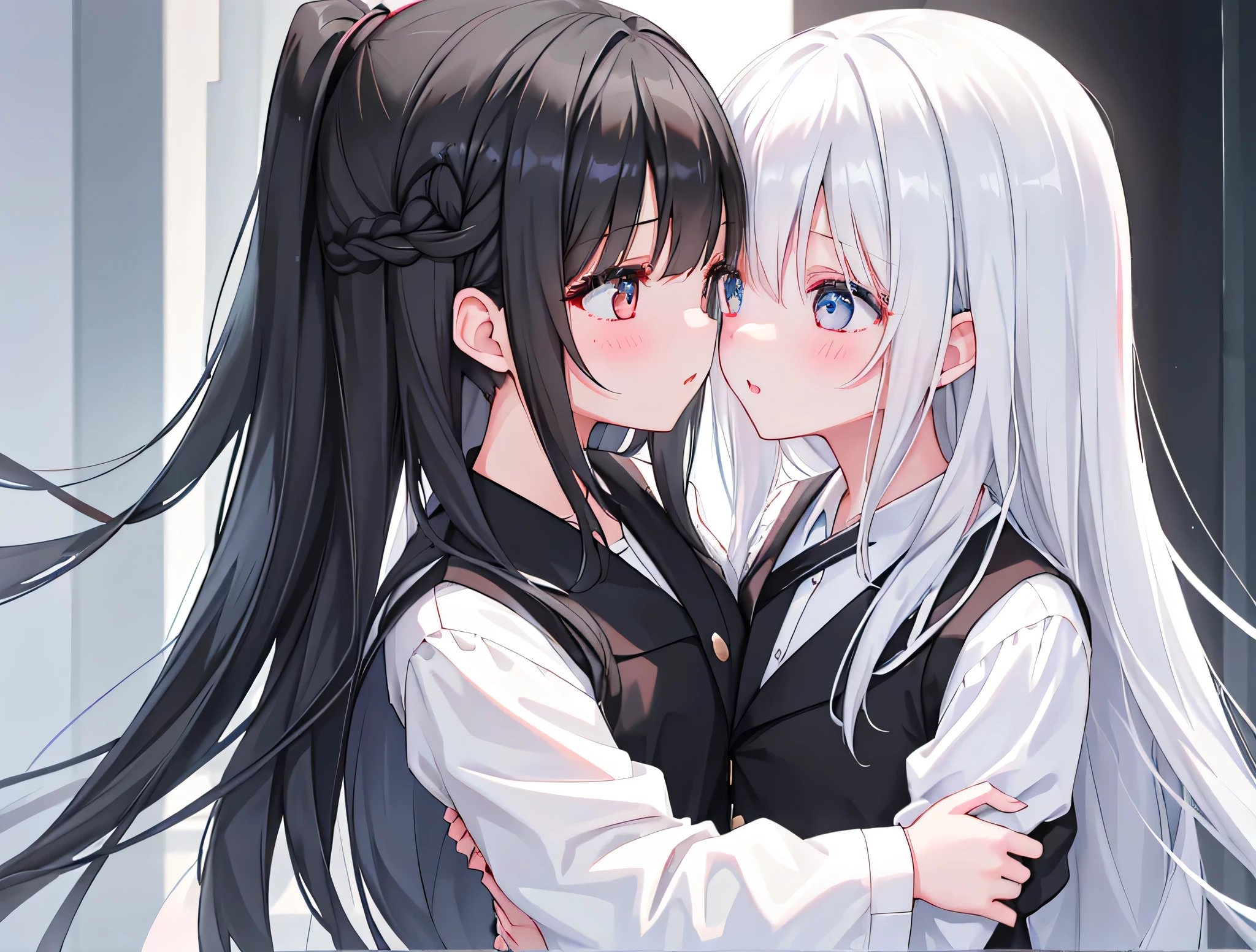 2 girls，Girl 1：Lovely，Black hair，Long gray hair，White，White dress，girl 2：Lovely，black hair，Long gray hair，White，White dress，Symmetrical_docking，kisses and hugs，white background