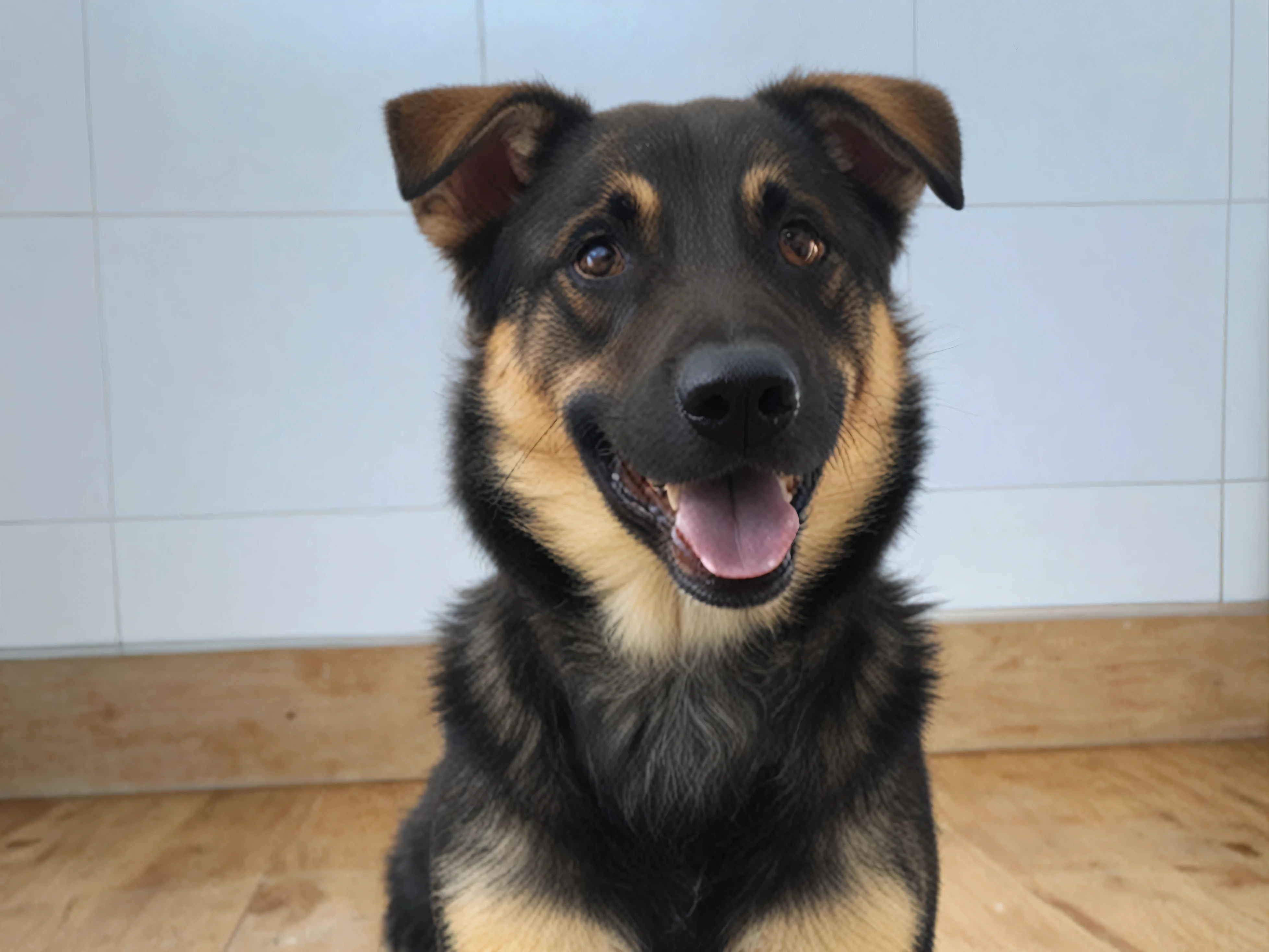 "(best quality,highres,realistic:1.37),cute furry mongrel dog sitting on the floor, sticking out its tongue playfully. It has a lovely expression with big eyes and a mischievous smile. The dog is in a handsome and charming pose, facing forward with a slight smile, happily looking into the camera. The dog is adoptable and needs your help."