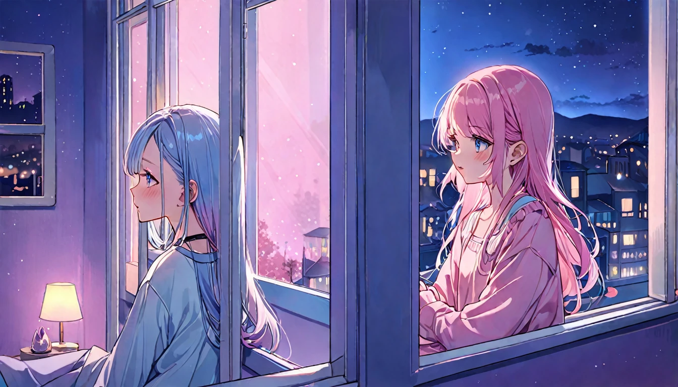 Kilian Eng Style Page Cute Girls, (((praise))), cosy night, Pastel colored hair,masterpiece,Dim lighting, Looking out the window, soft colorful lighting, at night, Long Hair, soft aesthetic, Pastel Pink+Blue Theme, Modern interior with attention to detail, Window, Casual clothing, Anna Dittmann and Alena Aenami's style, Dynamic Angle (Dreamy illustration:1.2) (Calm and peaceful:1.3) (soft, Calm colors:1.2) (Gentle lighting:1.2) (quiet night:1.1)