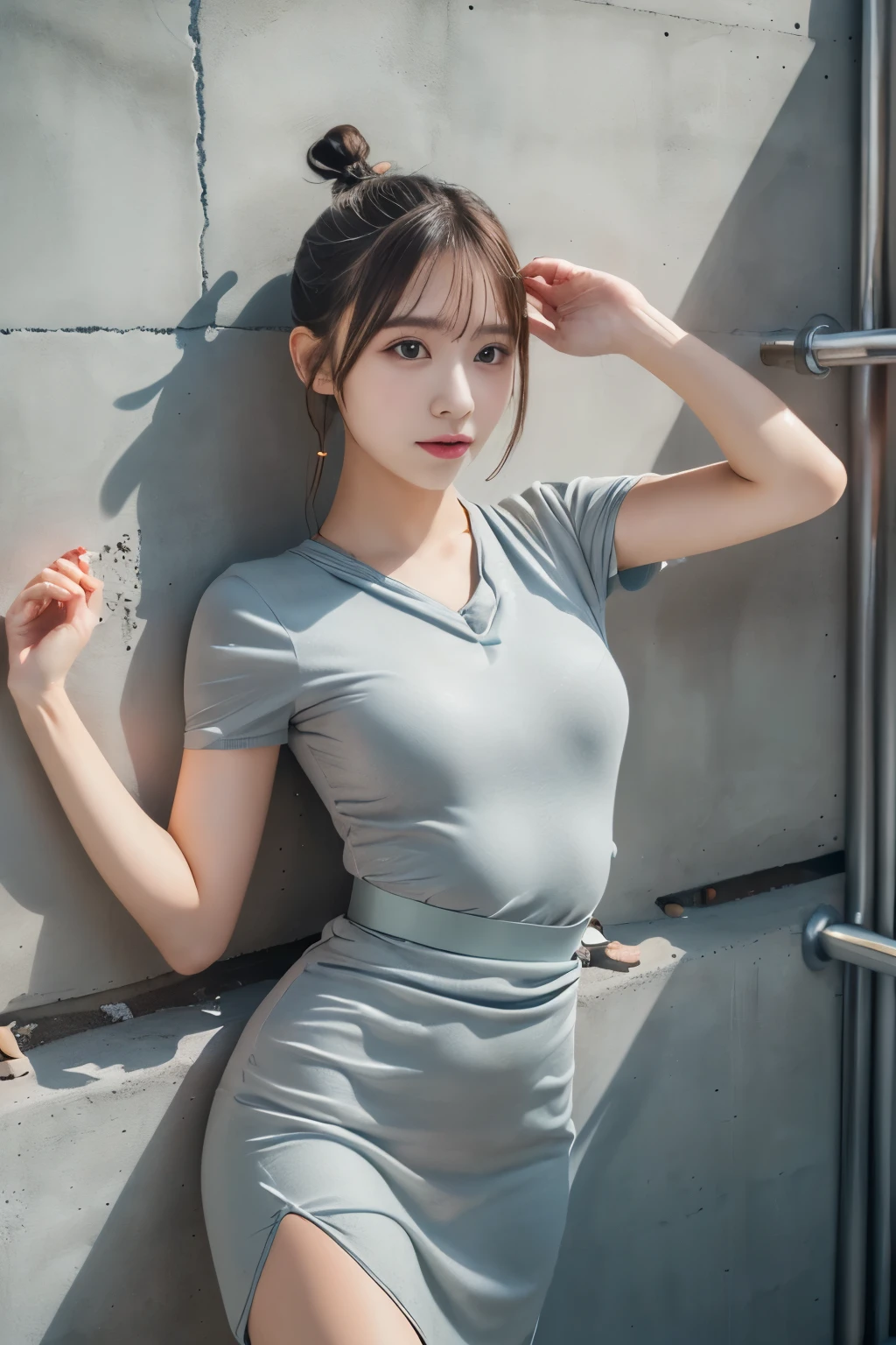 (1 lesbian girl), ((Lesbian Portrait:1.5)), ((Japanese Girls)), black eye, (Detailed RAW photos of the whole body), (masterpiece:1.1), (highest quality:1.3), (Ultra-high resolution:1.2), (Realistic:1.3), 8K resolution, Shut your mouth., Anxious face, (Perfect Anatomy:1.35), (((Accurate eyes and nose))), Accurate limbs, Precise five fingers, (17 years old), Beautiful face in every detail, ((Concrete-walled torture chamber:1.5)), ((Concrete ground)), (No makeup:1.2), ((Slim waist)), Fine skin, Flat Chest, (Slim and healthy body:1.6), Shiny brown hair, (Hair Bun:1.4), Golden Dress, (Luxury Mini Chinese Dress 1.5), (Crotch detail), Realistic glowing skin, Dynamic pose, Spectacular and inspiring cinematic lighting