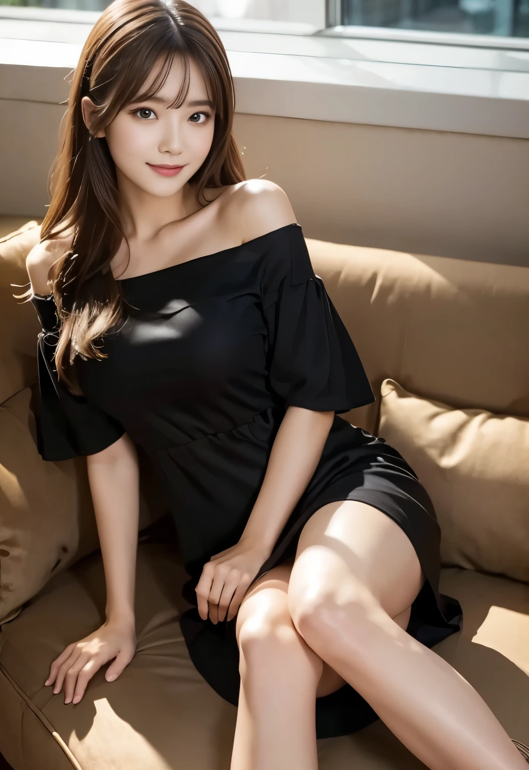 (masterpiece, best quality:1.1), (8k, raw photo, photo realistic:1.2, f22), (shiny skin), detailed skin,long hair,ribbon,detailed face, detailed eyes,smile,BREAK, real world, intricate details, smil, BREAK, 1girl, full body,(short sleeve,dress,Off the shoulder,black)BREAK, (sofa:1.4)