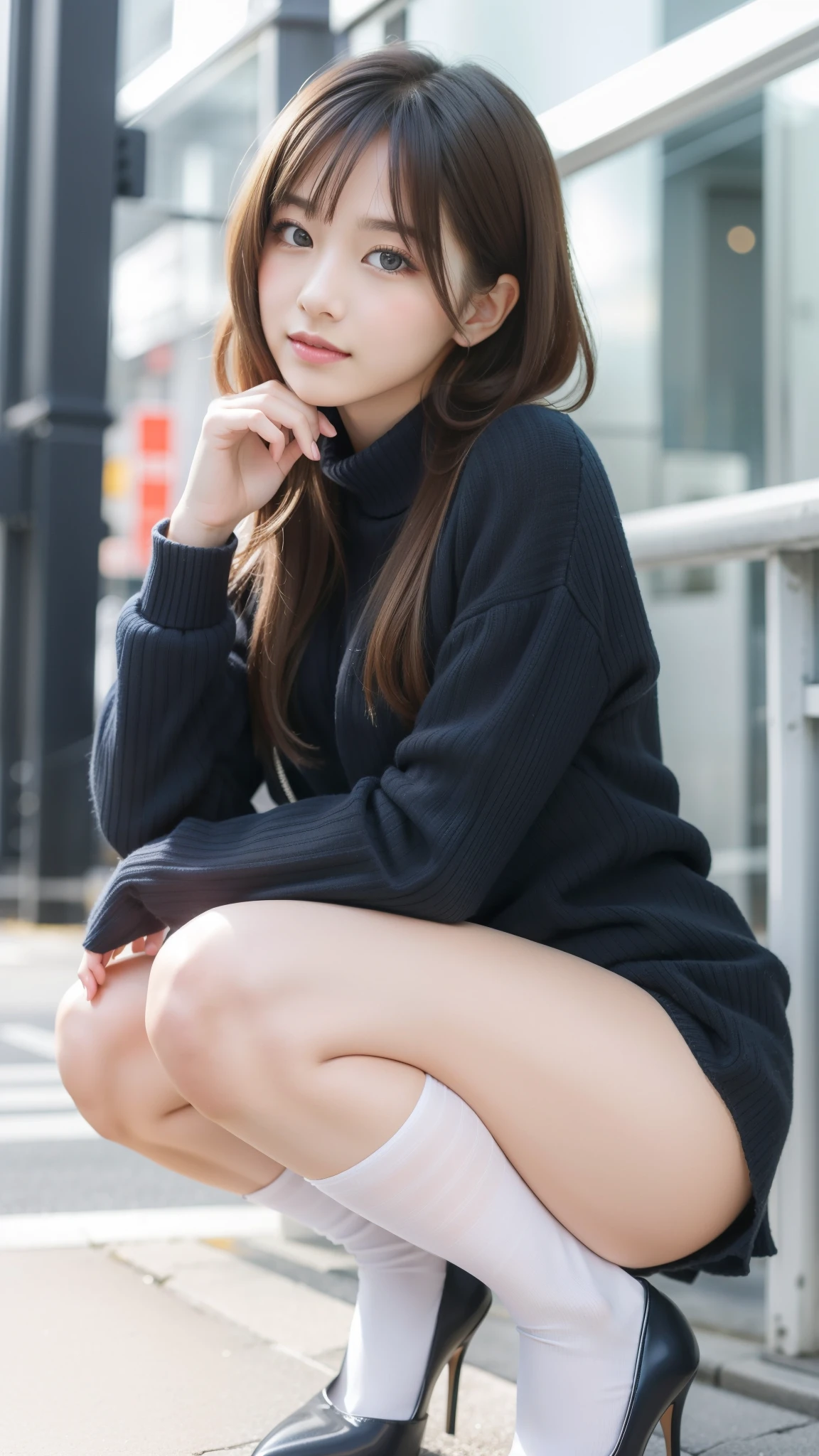 (Happy expression:1.26)、RAW Photos、(((The ultimate beauty full-body photo)))、((Glowing Skin))、1 girl、Beautiful girls、Bright expression、((Brown haired))、Girl in sweatshirt、Checkered Pleated Skirt、View from the floor、(Long stockings or pantyhose)、(Lift the skirt yourself)、Big Breasts、Squat、Showing panties、((Very detailed))、(Perfectly detailed face)、(Great hands)、(Finger details)、(Good human structure)、Photorealistic images、最high quality、Very detailed、Film Light、Intricate details、High resolution、Very detailed))、Detailed Background、8KUHD、Digital single-lens reflex camera、Soft Light、high quality、Film Grain、Fujifilm XT3 、Shallow depth of field、natural Soft Light、Kamimei、