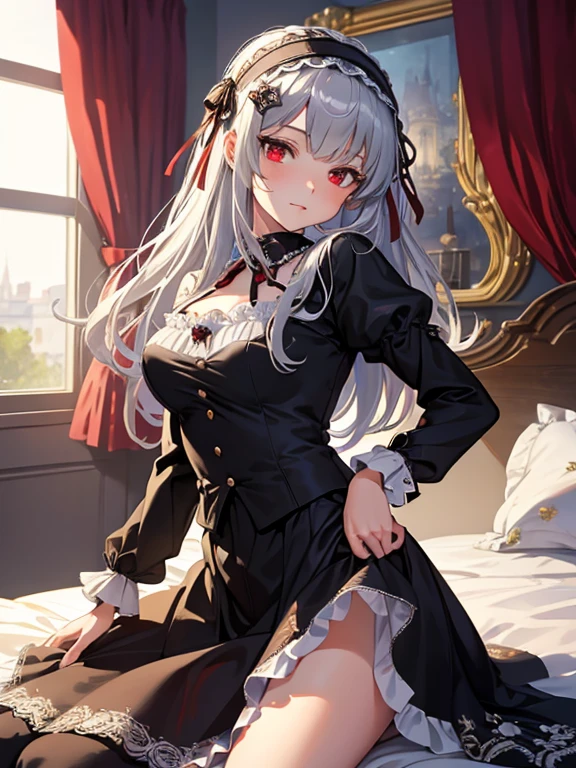 masterpiece, highest quality, Very detailed, 16k, Ultra-high resolution, Cowboy Shot, One ****************, Detailed face, Perfect Fingers, sui1,Mercury lamp, Red eyes, Long Hair, Gray Hair, Floral Hair Ornament, Long sleeve, Gothic Headband, ribbon, White lace panties, classical European style bedroom, bed,  Lie on your back