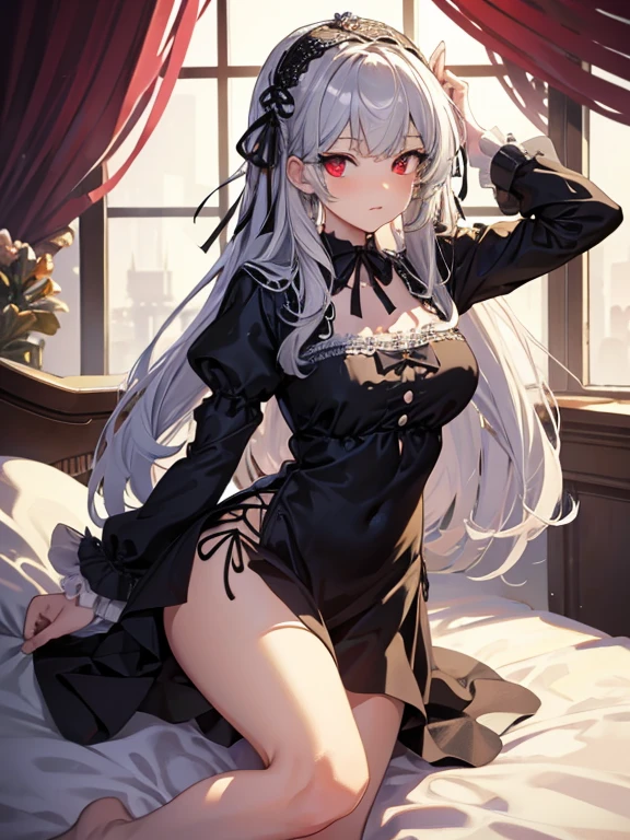 masterpiece, highest quality, Very detailed, 16k, Ultra-high resolution, Cowboy Shot, One ****************, Detailed face, Perfect Fingers, sui1,Mercury lamp, Red eyes, Long Hair, Gray Hair, Floral Hair Ornament, Long sleeve, Gothic Headband, ribbon, White lace panties, classical European style bedroom, bed,  Lie on your back