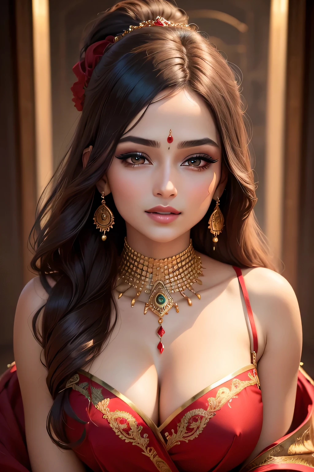 (best quality, 4k, 8k, highres, masterpiece:1.2), ultra-detailed, realistic:1.37, professional, stunning red saree, beautiful face and eyes, luscious long hair, graceful pose, vibrant colors, portrait, Indian beauty, detailed fabric folds, alluring expression, soft and natural lighting, rich textures, intricate jewelry, mesmerizing gaze, captivating smile, flawless skin, elegant makeup, confident and empowering, traditional yet modern, exuding charm and glamour.