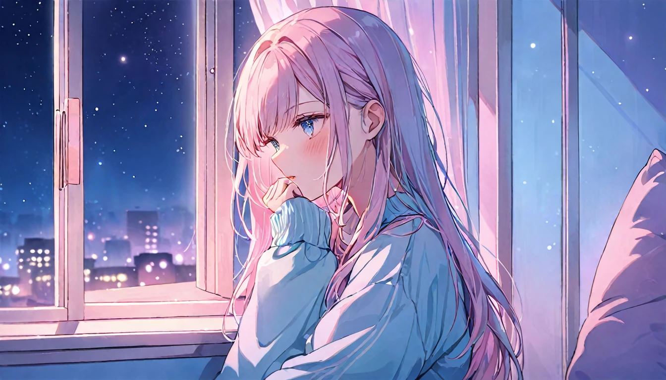 pretty girl, (((praise))), cosy night, Pastel colored hair,masterpiece,Dim lighting, Looking out the window, soft colorful lighting, at night, Long Hair, soft aesthetic, Pastel Pink+Blue Theme, Modern interior with attention to detail, Window, Casual clothing, Anna Dittmann and Alena Aenami's style, Dynamic Angle (Dreamy illustration:1.2) (Calm and peaceful:1.3) (soft, Calm colors:1.2) (Gentle lighting:1.2) (quiet night:1.1)