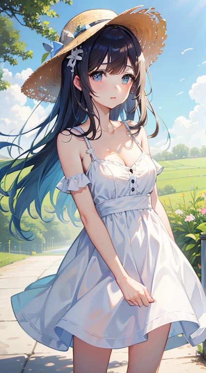 Beautiful girl in a white dress、super mini dress、17 years old、cleavage、bare shoulders、Run、straw hat、summer、field road