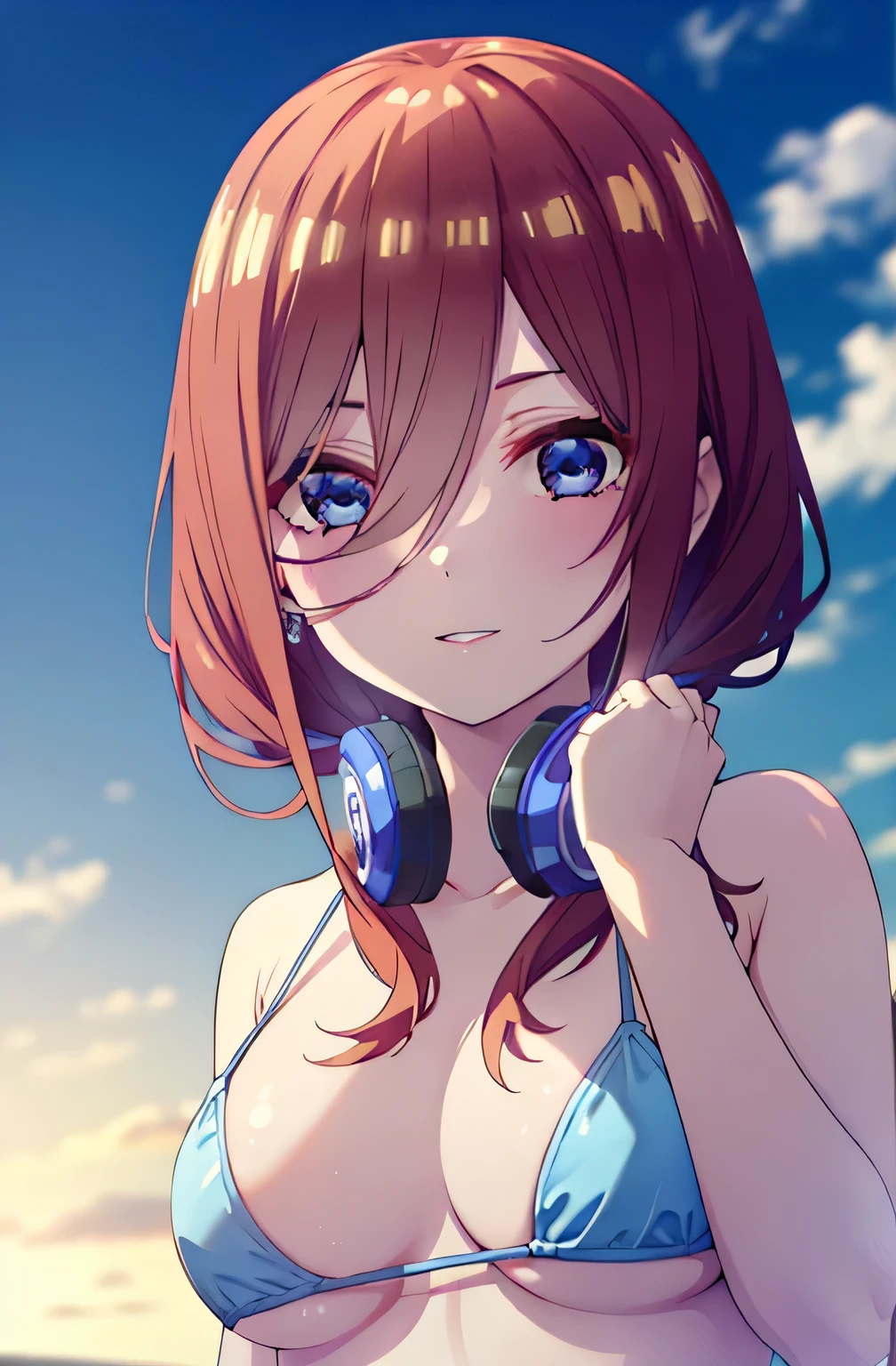 One girl,Mikunakano, Miku Nakano, Long Hair, bangs, blue eyes, Brown Hair, shirt, Hair between the eyes, Headphones around the neck,smile、happy smile, smile, Open your mouth,Big Breasts,(((Blue micro bikini))),Daytime,sunny,((whole bodyがイラストに入るように)),Slender body、Head to knee composition break outdoors, Beach,sunset,whole body
break looking at viewer, (((whole body)))
break (masterpiece:1.2), highest quality, High resolution, unity 8k wallpaper, (shape:0.8), (Beautiful details:1.6), Highly detailed face, Perfect lighting, Highly detailed CG, (Perfect hands, Perfect Anatomy),whole body