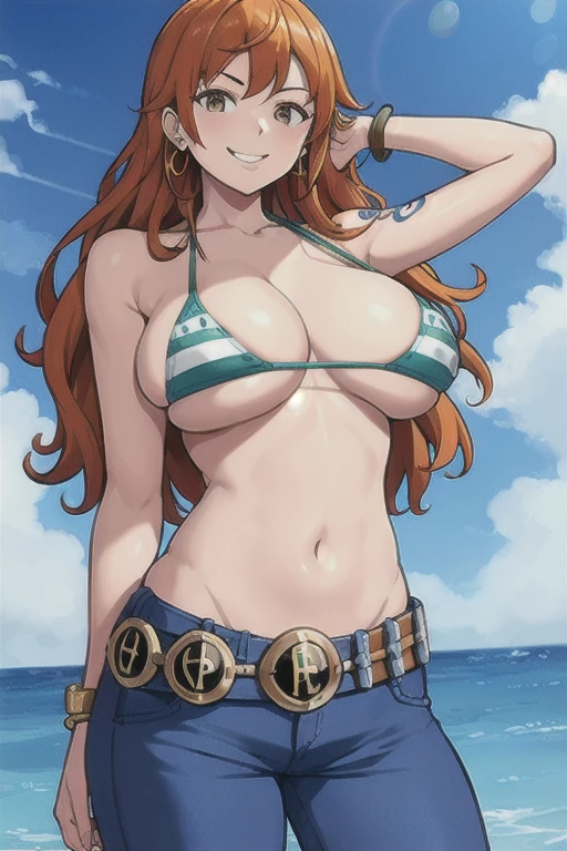 nami \(one piece\),
1girl, bangle, bangs, bare shoulders, belt, bikini, bikini top only, blue sky, bracelet, breasts, brown eyes, bubble, cleavage, cloud, cowboy shot, day, denim, earrings, floating hair, green belt, green bikini, jeans,  jewelry, large breasts, log pose, long hair, looking at viewer, navel, orange hair, pants, shoulder tattoo, sidelocks, sky, smile, solo, standing, swimsuit, tattoo
, ((masterpiece))   