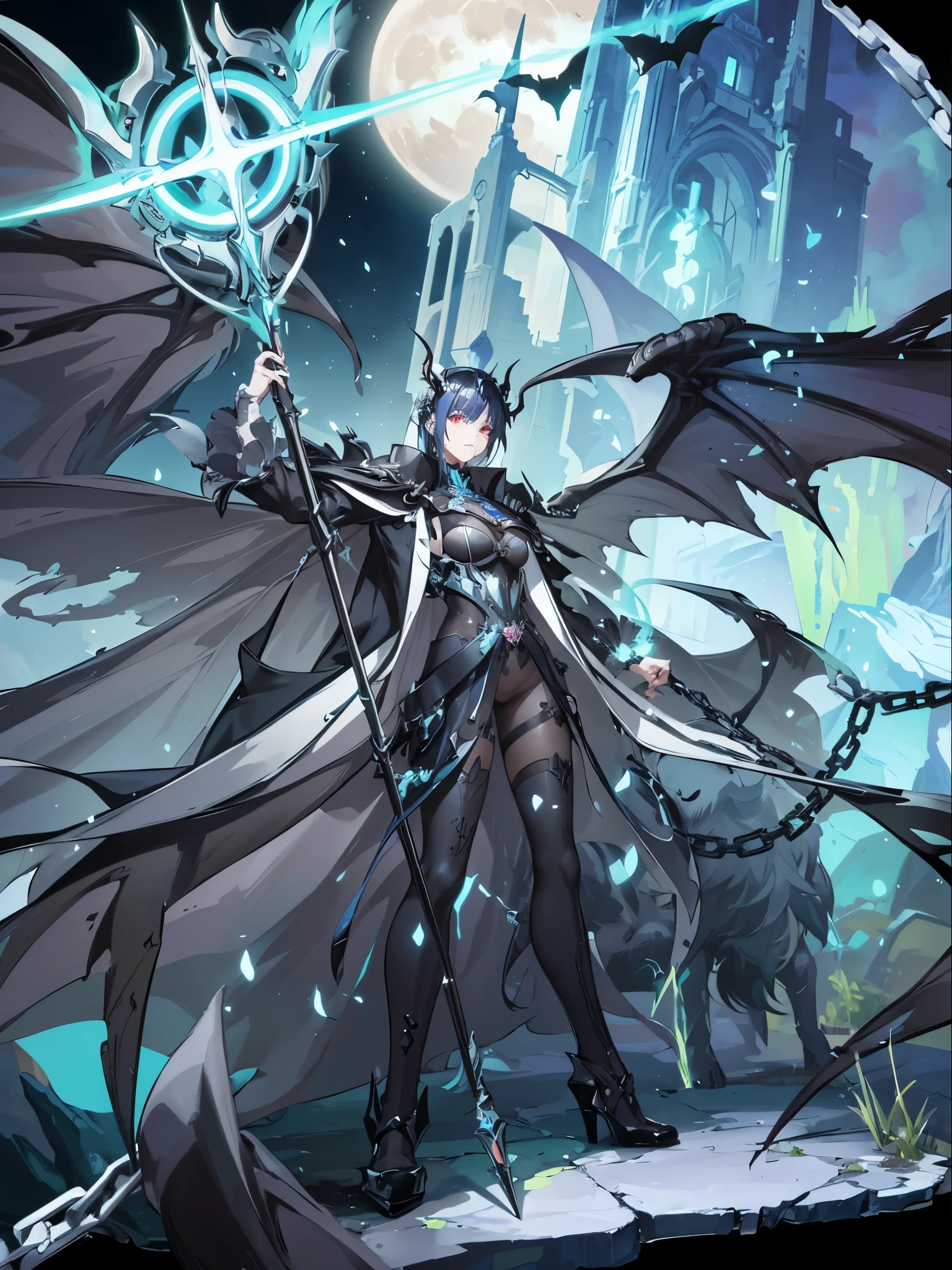 A girl holding a staff, with a full moon in the background, in an anime art style. [detailed] anime art, [official artwork] with high details, [anime villain] 8k resolution, popular topics on ArtStation and Pixiv, [epic anime artwork], [zero art], red eyes, anime goddess, bound by chains, wearing a black crown, black thigh-high stockings, huge breasts, demon, succubus, epic anime fantasy. (best quality, 8K, high-res, masterpiece:1.2), ultra-detailed, (realistic, photorealistic, photo-realistic:1.37), HDR, UHD, studio lighting, ultra-fine painting, sharp focus, physically-based rendering, extreme detail description, professional, vivid colors, bokeh. portraits, landscape, horror, anime, sci-fi, photography, concept art. Cool-toned colors. Soft, moonlit lighting.