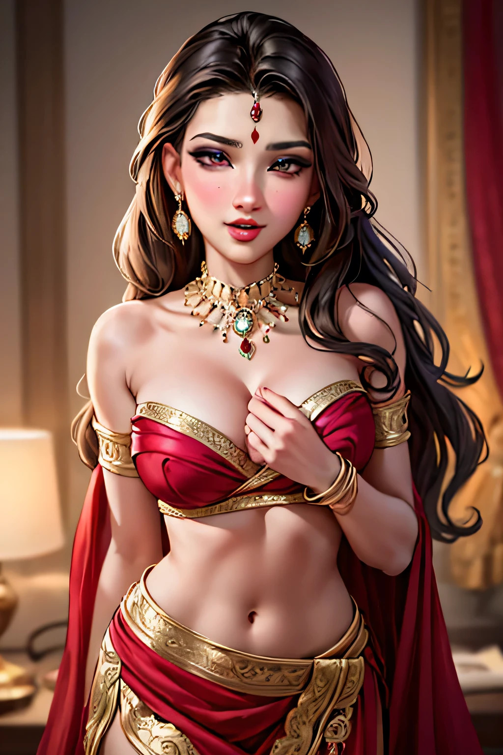 (best quality, 4k, 8k, highres, masterpiece:1.2), ultra-detailed, realistic:1.37, professional, stunning red saree, beautiful face and eyes, luscious long hair, graceful pose, vibrant colors, portrait, Indian beauty, detailed fabric folds, alluring expression, soft and natural lighting, rich textures, intricate jewelry, mesmerizing gaze, captivating smile, flawless skin, elegant makeup, confident and empowering, traditional yet modern, exuding charm and glamour.