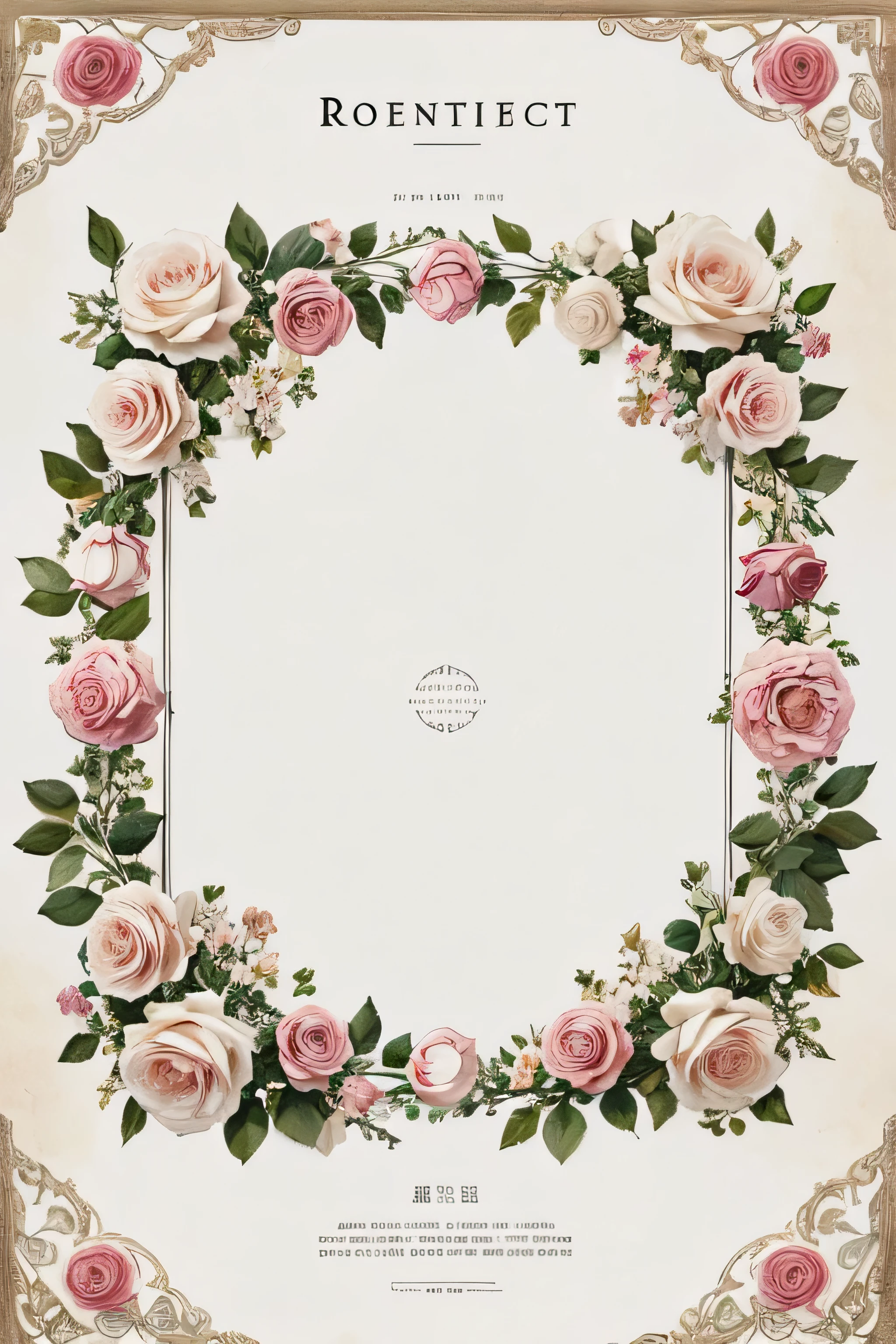 On a white background、Scattering early summer roses、No people in the picture、There is a decorative space at the top center where you can add text, made of material similar to that of an old map.、Detailed and high quality posters、Characters Don&#39;t、Women don't