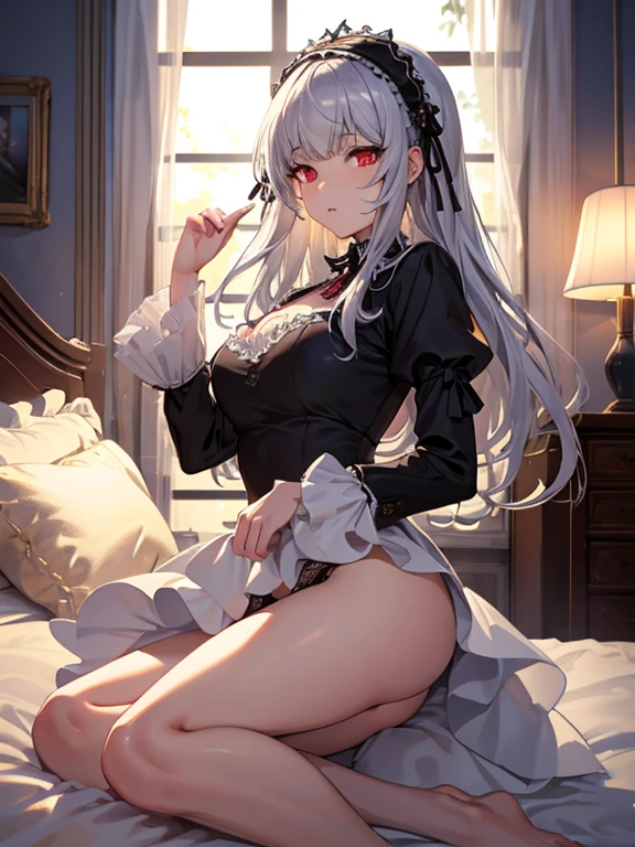 masterpiece, highest quality, Very detailed, 16k, Ultra-high resolution, Cowboy Shot, One , Detailed face, Perfect Fingers, sui1,Mercury lamp, Red eyes, Long Hair, Gray Hair, Floral Hair Ornament, Long sleeve, Gothic Headband, ribbon, White lace panties, classical European style bedroom, bed, Lying on your back, sleep