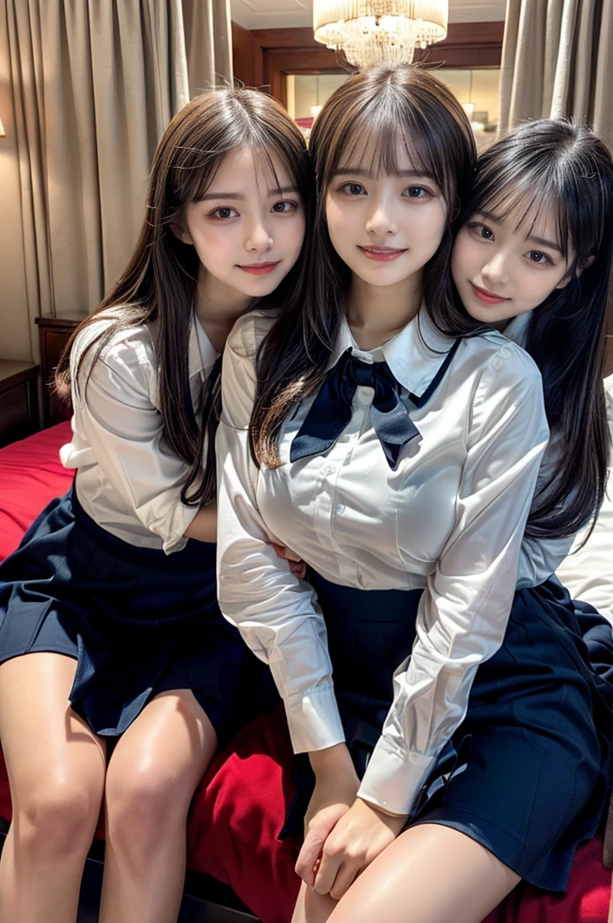 ((Four schoolgirls sitting on bed,Sit across from me,Look at me affectionately fascinated、Enraptured look,Trance,Everyone sees the camera perfectly,1 beautiful girl who is half Spanish,a blond,Brown hair,A dark-haired,photoRealstic,Luxury hotel bed taken from the lap,Same uniform,japanese,4 schoolgirls,Play with each other,Touching each other's bodies,Touching the body of the girl next door,4 Close contact,Very hilarious pose)),(Navy blue skirt in a sailor suit、Red ribbon and white shirt,Same ,large full breasts,Beautiful makeup,glitter makeup,Cutest 18 years old)),((Realistic lighting,during daytime,The background is a luxury hotel room,A detailed face,perfect teeth,White teeth,finerly detailed face,Beautiful face,an ecstatic look on one's face,Perfect fingers,Accurate 5 fingers,high-definition RAW color photography, professional photograpy, extremely delicate and beautiful, Extremely detailed,finely detail, Huge file size,Top image quality,8K))