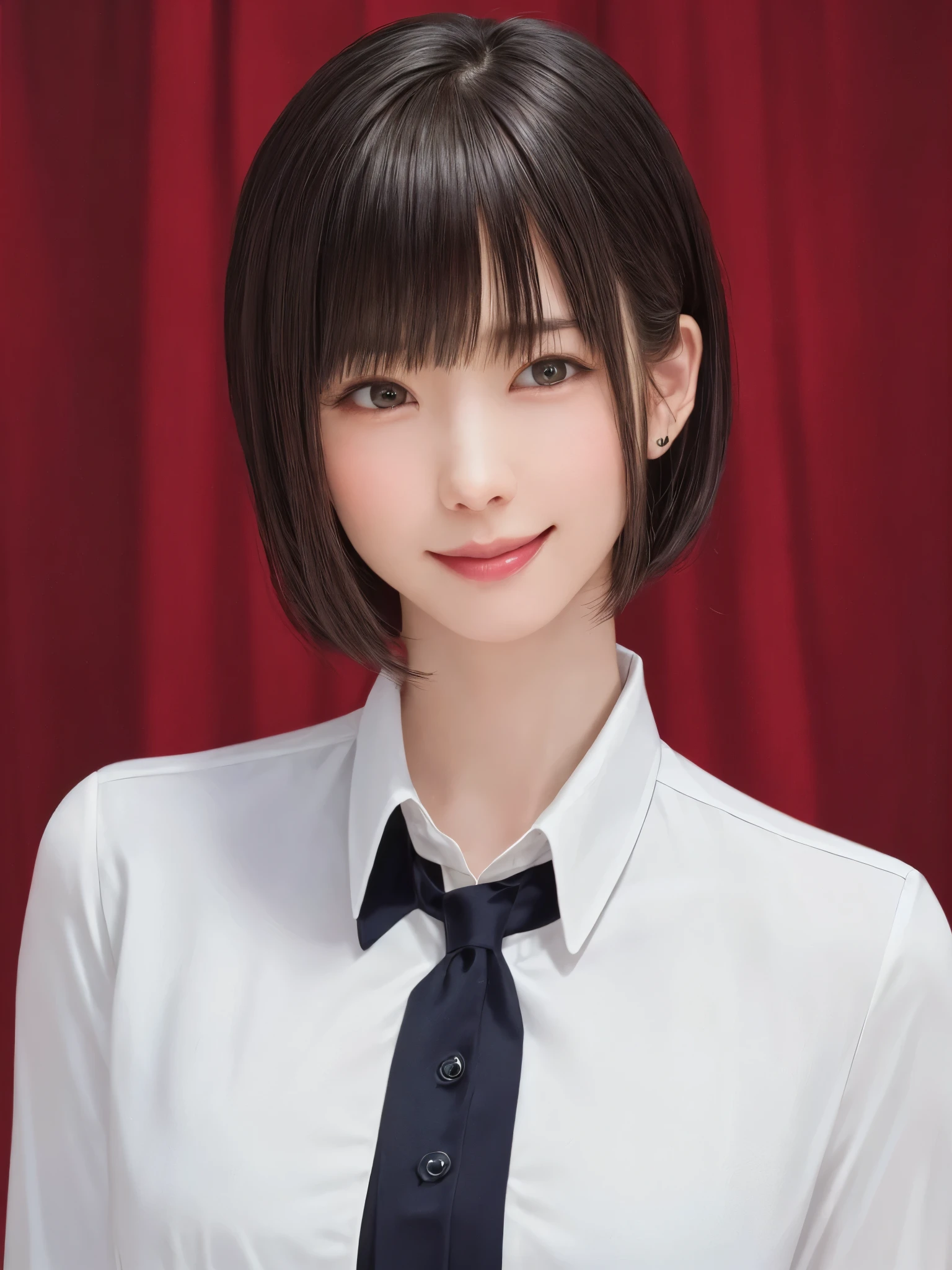 (masterpiece:1.3), (Realistic, RAW Photos, highest quality: 1.4), (One Girl), Beautiful Face, (超Realistic Face、シンメトリーのBeautiful Face), (Short black hair, short hair:1.6、bangs:1.3、Show off your beautiful ears), Beautiful Hairstyles, (Realistic eyes), Beautiful details, Long eyelashes, (Realistic Skin), Beautiful Skin, {Huge|big|Hugeな|Mega} chest, chestの谷間, (Perfect body:1.3), (Detailed body:1.2), (tie), (Collared shirt, Pleated skirt:1.3), Absurd, charm, Ultra-high resolution, Ultra-realistic, Very detailed, Golden Ratio,Very cute beautiful woman:1.4、28 years old、Happy smiling face with mouth closed、lips