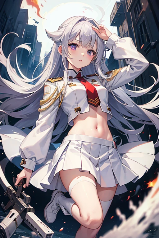 White combat uniform、Bleeding、Injury、Remains in the background、Burning Flames、For viewers、have、Short skirt、Silver Hair、Purple eyes、White long boots、Remain Nini Skirt、cute anime face、Silver Hair、Navel exposed、Are standing、anime、and