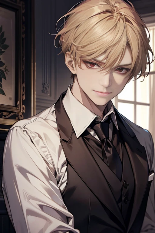 Masterpiece, best quality, finely details, red eyes, short blonde hair, smirk facial expression, white shirt, elegant, black suit.