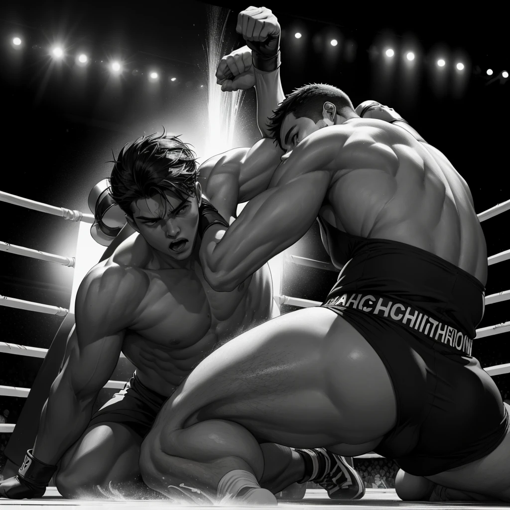 (((Black and white photography:1.5))), ((masterpiece, highest quality, Best image quality, High resolution, Realistic, RAW Photos, 8k)), (Three men, one white boxer, One black boxer, One Referee), (Many other spectators), rest１Final fight scene of the round, They are fighting desperately, Even in black and white, the game is breathtaking., Boxer gloves punching each other with motion blur effect, Sweat flying from the boxers of two men, Heat rising, (Detailed Background Boxing Ring, Boxing Arena, In the dark stadium,A light that illuminates the ring), (Outside the ring, the crowd gets excited about the match., Many spectators, The audience shouting in their own way), ((The characters are depicted small to give a sense of the overall game.))