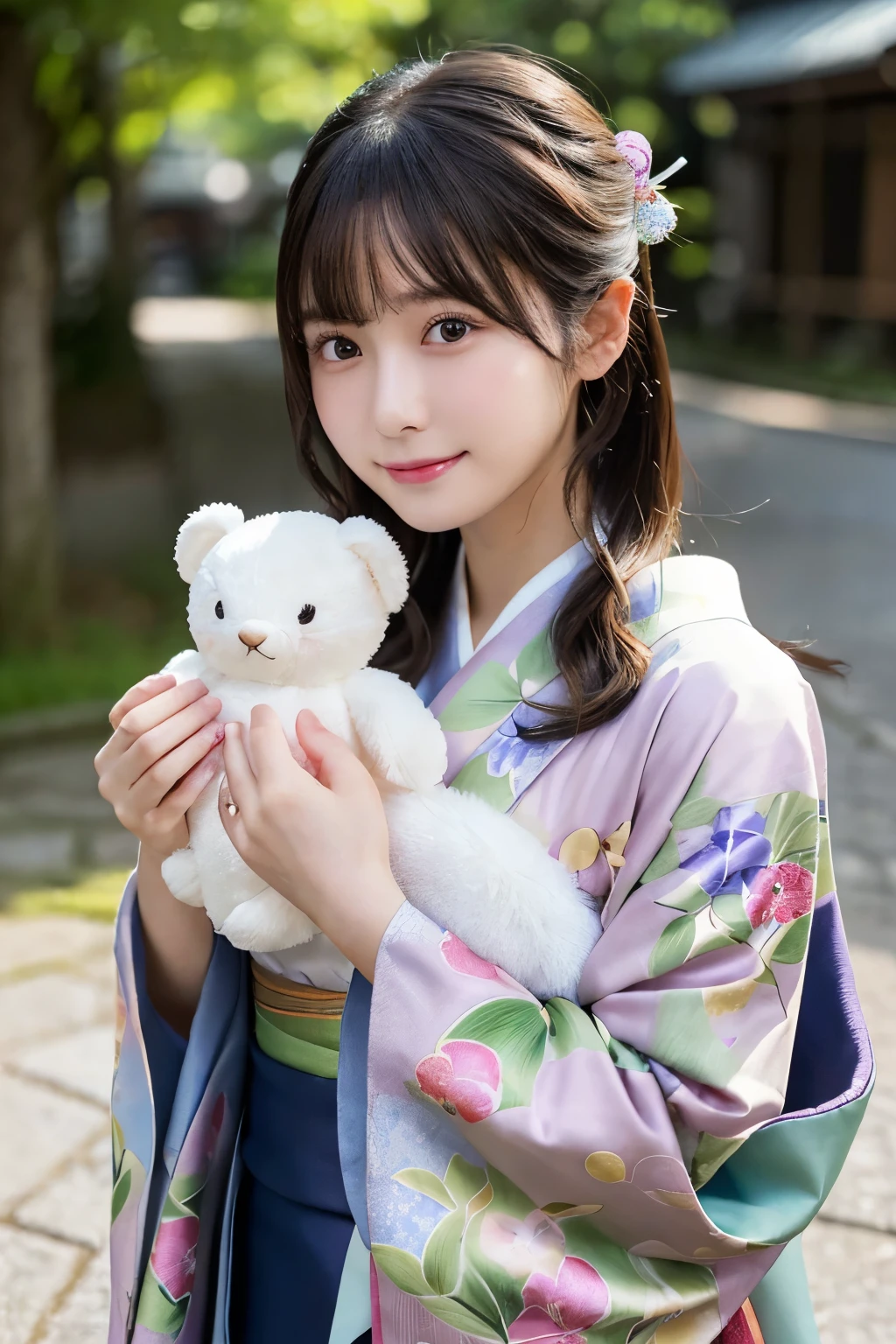 （(Kimono)）、(22 years old)、、Full Body、Object Hug, Doraemon Doll、(highest quality,masterpiece:1.3,Ultra-high resolution,),(Super detailed,Caustics),(Photorealistic:1.4,RAW shooting,)Ultra-Realistic Capture,Very detailed,High resolution 16K human skin closeup、 The skin texture is natural、、Skin appears even-toned and healthy、 Use natural light and colour,One Woman,Japanese,,cute,Black Hair,Mid-length hair,,smile,,(Depth of written boundary、chromatic aberration、、Wide range of lighting、Natural Shading、)、