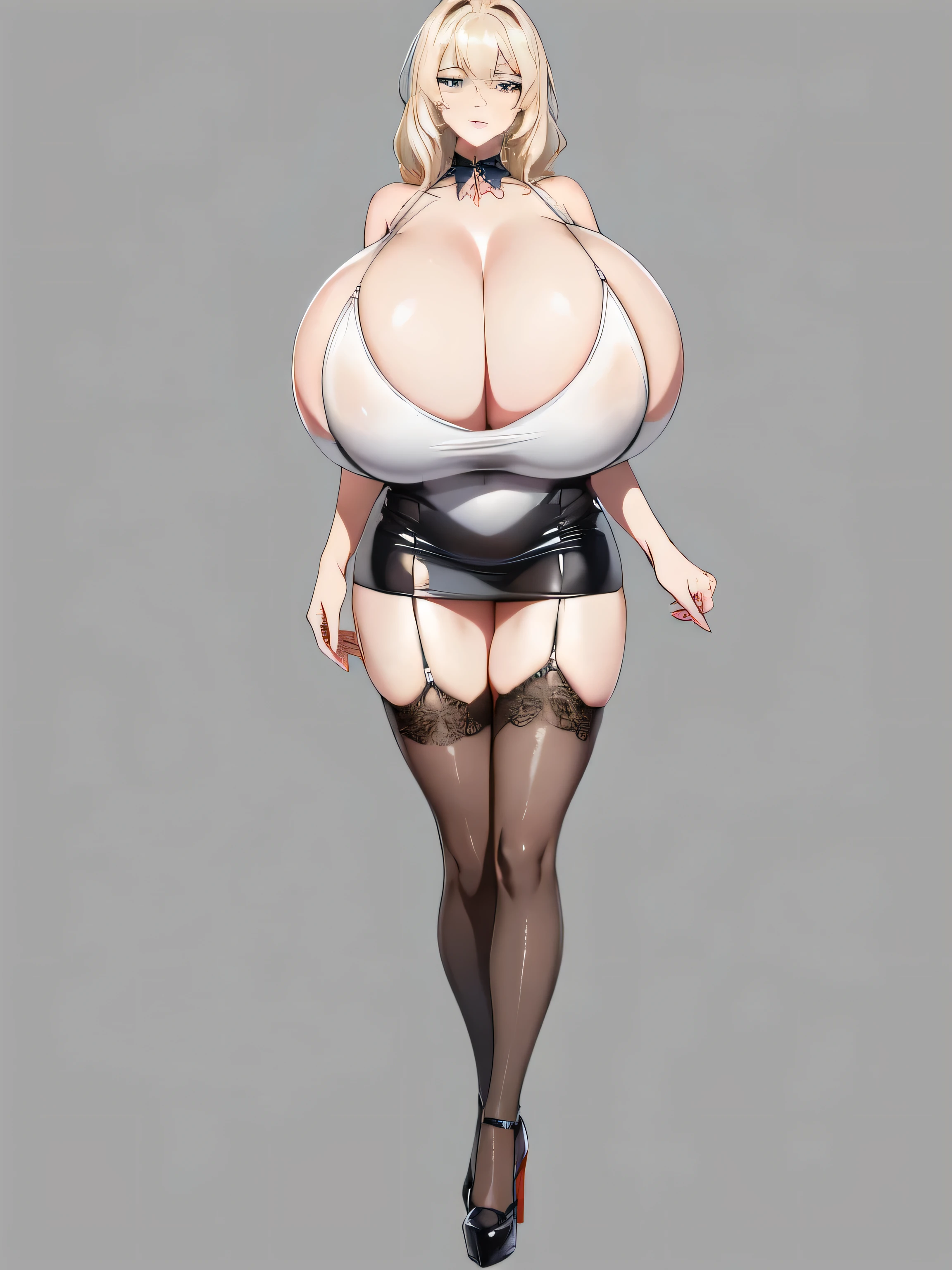 a long leg men, women looking, very women, grey background, huge , lace stockings, Oil Glossy Sheer Mini Dress, Tight Pencil Short Dress, a full body picture, Super High Heels Prom Shoes, Stand up straight with legs clamped, Viewed to the front, Transparent stockings wrap both legs, soldier standing posture, very big breaste of anime, tmasterpiece, High tip intensity, k hd, High resonance, Clean, hight contrast, Ultra-detailed 8K, A high resolution, High resonance, Full body like, fill the whole body, big breasts perfect bodies