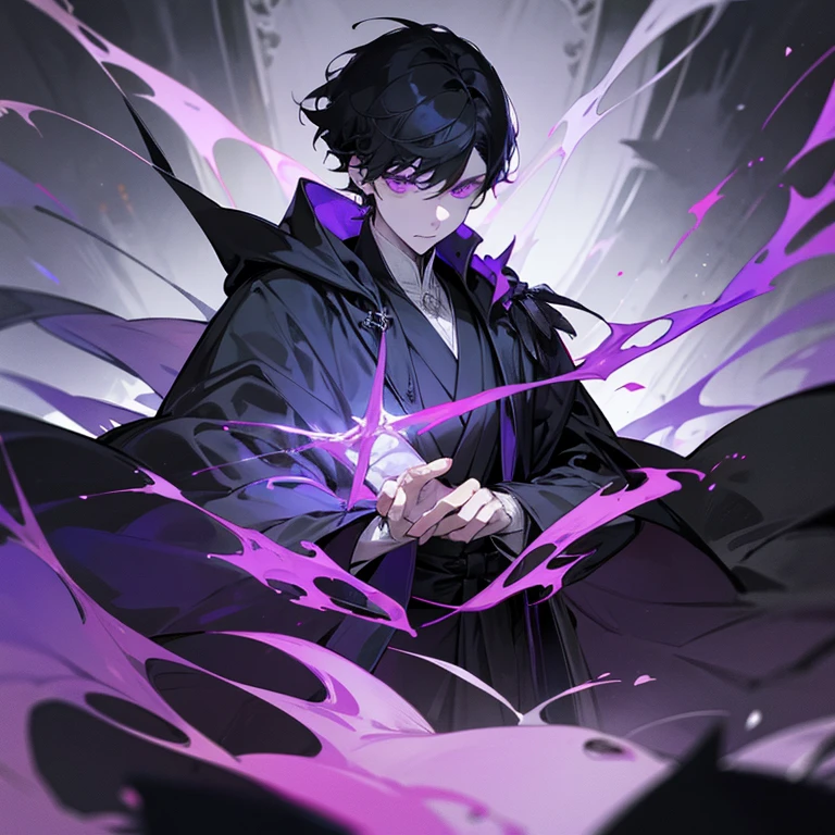 Tall young man, pale complexion, short black hair, violet eyes, black sorcerer's robe with silver and violet details