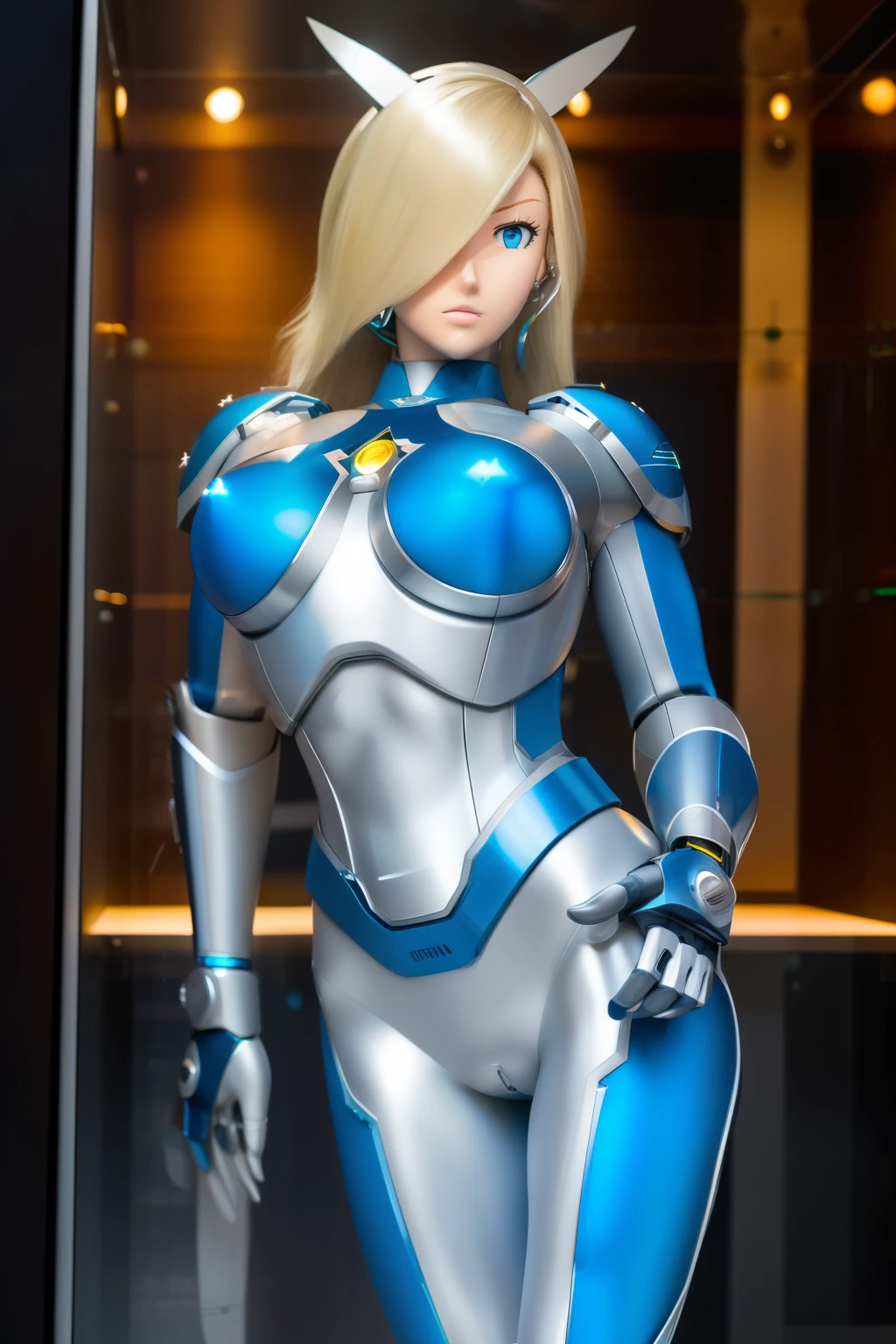 ultra detailed of a woman cyborg, 1girl, (natural skin texture, realistic eye details:1.2) rosalina, alone, breasts, blue eyes, blonde hair, Android, long hair, robot ears, stand at attention, cameltoe, display case, inside glass box, artwork, high quality, hypnotized, blank expression, mannequin, nsfw