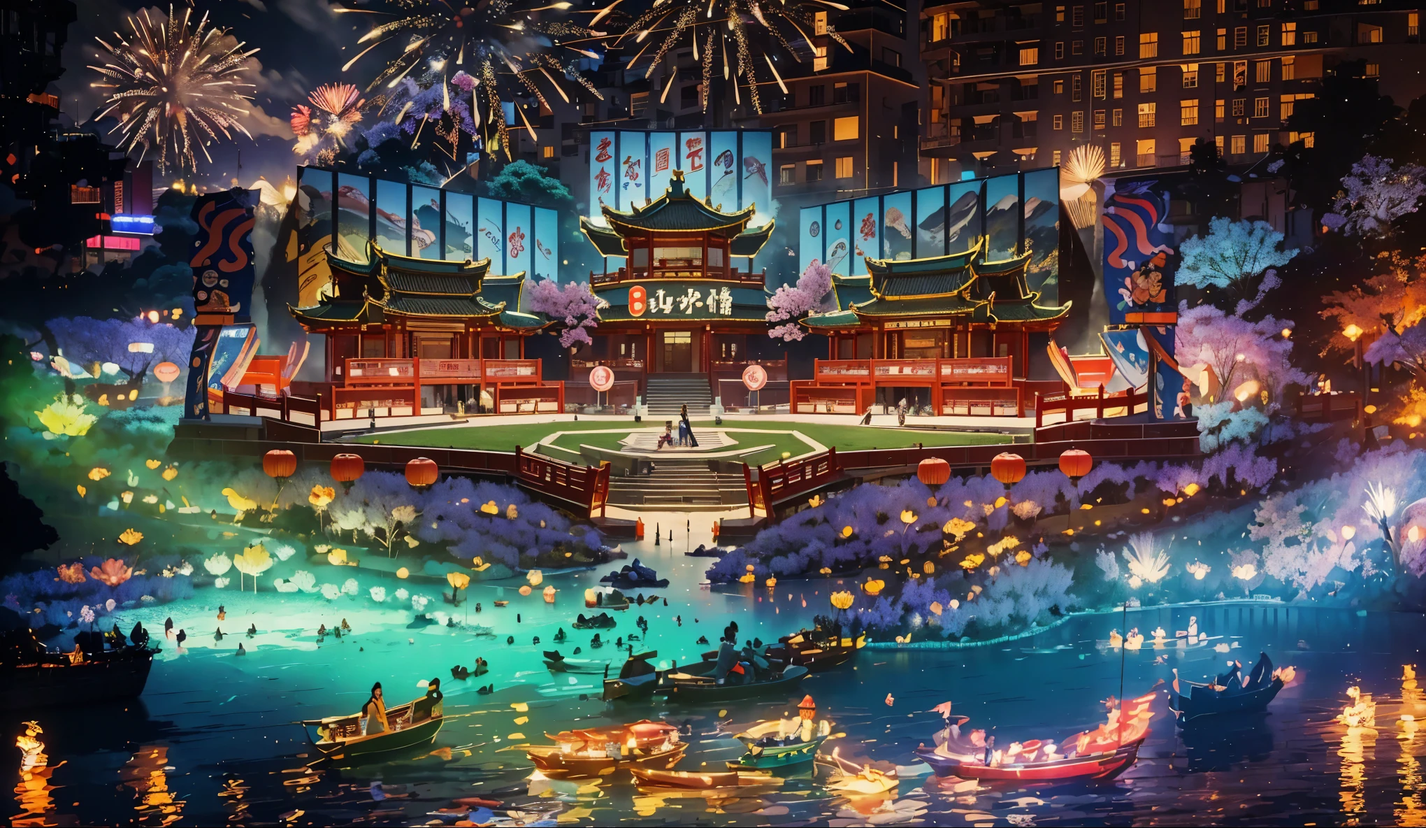 (high resolution,best quality,masterpiece:1.2) Creating an extraordinary open-air stage for Chinese opera in Wushan，Chinese Tang Dynasty，islands，Cherry blossoms and water lilies blooming at night，Large holographic display，image。The background is a tall building、Mountains、Dark Sky。Grand New Year Fireworks Show, Colorful fireworks display, Energetic, 捕捉现场Energetic的氛围 , Perfectly capture the intricate details of every exploding firework, Professional photography, Bright colors, Clear focus, A true portrait of stunning fireworks, Light up the night sky, Show the beauty of celebration, magnificent artistic depiction , Capturing the essence of the festive spirit, Carefully created works, Use studio lighting to highlight fireworks, Clever use of bokeh creates a dreamy and captivating atmosphere, Amazing fireworks display, Bring the excitement and joy of New Year celebrations to life.