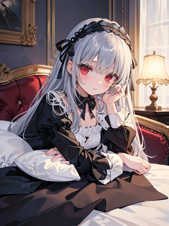masterpiece, highest quality, Very detailed, 16k, Ultra-high resolution, Cowboy Shot, One , Detailed face, Perfect Fingers, sui1,Mercury lamp, Red eyes, Long Hair, Gray Hair, Floral Hair Ornament, Long sleeve, Gothic Headband, ribbon, White lace panties, classical European style bedroom, bed, Lying on your back, sleep