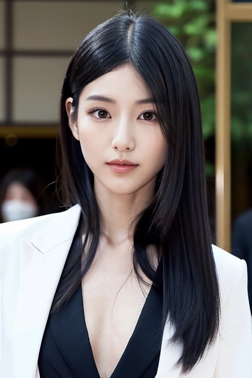 Japanese。２８age。long black hair down to the back。One Length。Slit eyes。Double eyelids。Slightly long, thin lips。Defined eyebrows。Oval Face。Slightly pointed chin。Slender body。In a suit