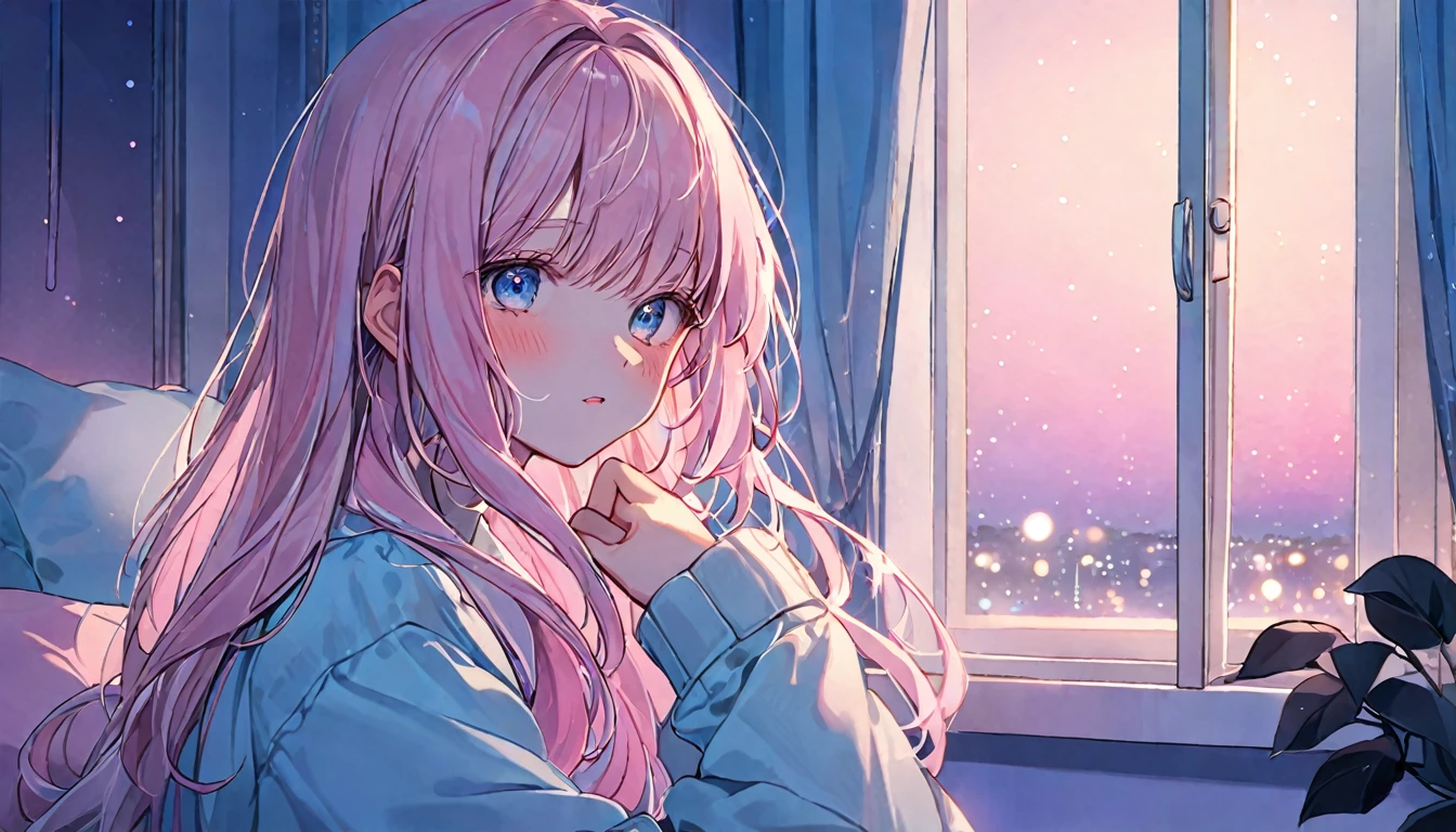 pretty girl, (((praise))), cosy night, Pastel colored hair,masterpiece,Dim lighting, Looking out the window, soft colorful lighting, at night, Long Hair, soft aesthetic, Pastel Pink+Blue Theme, Modern interior with attention to detail, Window, Casual clothing, Anna Dittmann and Alena Aenami&#39;s style, Dynamic Angle (Dreamy illustration:1.2) (Calm and peaceful:1.3) (soft, Calm colors:1.2) (Gentle lighting:1.2) (quiet night:1.1), Pop and cute