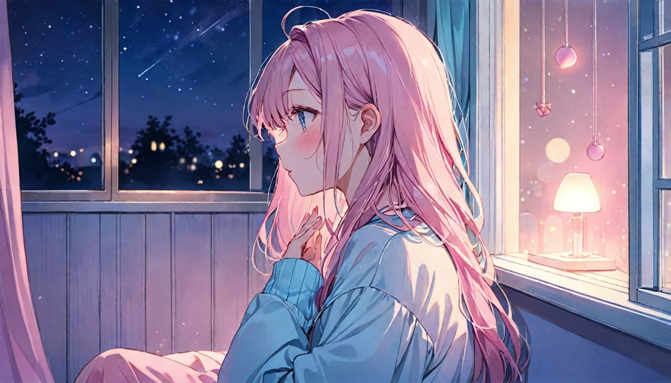 pretty girl, (((praise))), cosy night, Pastel colored hair,masterpiece,Dim lighting, Looking out the window, soft colorful lighting, at night, Long Hair, soft aesthetic, Pastel Pink+Blue Theme, Modern interior with attention to detail, Window, Casual clothing, Anna Dittmann and Alena Aenami's style, Dynamic Angle (Dreamy illustration:1.2) (Calm and peaceful:1.3) (soft, Calm colors:1.2) (Gentle lighting:1.2) (quiet night:1.1), Pop and cute
