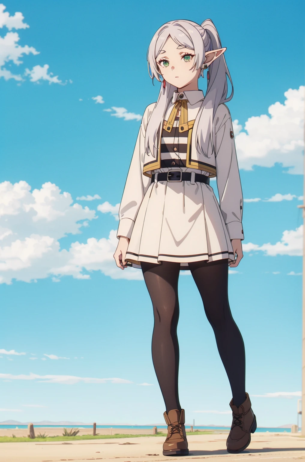 1 Girl,Solitary,Elf,White的頭髮,Gray hair,earrings,Pointed ears,long hair,Ponytail,Green Eyes,Double tail,Parted bangs,Thick eyebrows,Collared shawl,White披肩,Striped shirt,Long sleeve,Striped,White Skirt.,
Pantyhose,Brown footwear,Poker face,red stick,, Beautiful visual effects, HD,masterpiece,best quality,, Beautiful visual effects,HD,masterpiece,best quality,18 years old,Young women,beautiful fingers,Nice long legs,Beautiful Body,Beautiful character design,White,