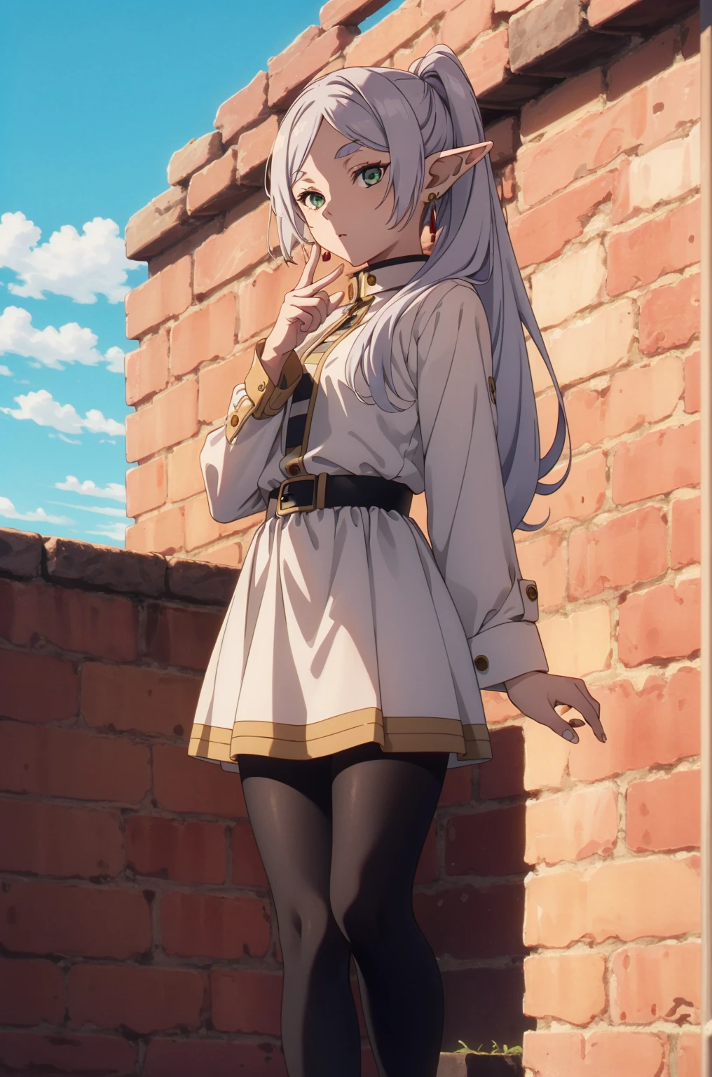 1 Girl,Solitary,Elf,White的頭髮,Gray hair,earrings,Pointed ears,long hair,Ponytail,Green Eyes,Double tail,Parted bangs,Thick eyebrows,Collared shawl,White披肩,Striped shirt,Long sleeve,Striped,White Skirt.,
Pantyhose,Brown footwear,Poker face,red stick,, Beautiful visual effects, HD,masterpiece,best quality,, Beautiful visual effects,HD,masterpiece,best quality,18 years old,Young women,beautiful fingers,Nice long legs,Beautiful Body,Beautiful character design,White,