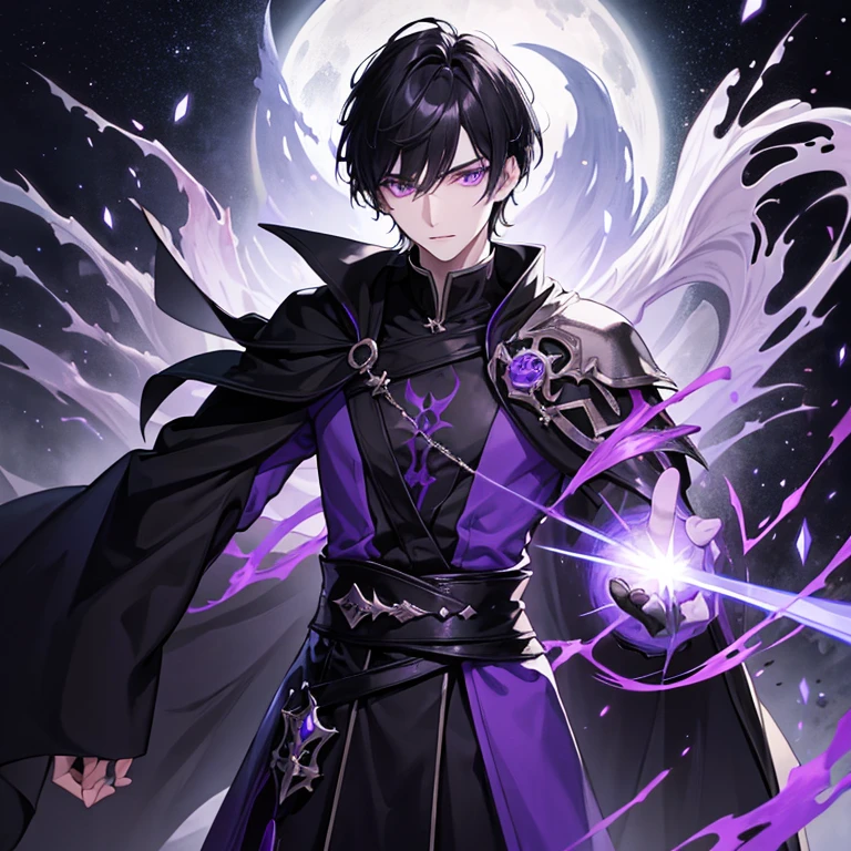 Tall young man, pale complexion, short black hair, violet eyes, black sorcerer's robe with silver and violet details