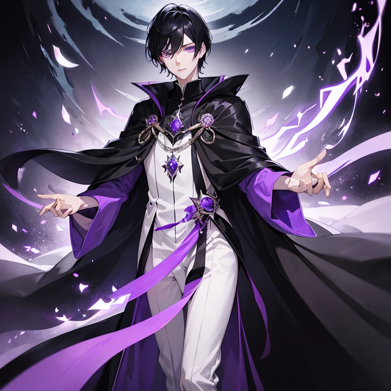Tall young man, pale complexion, short black hair, violet eyes, black sorcerer's robe with silver and violet details