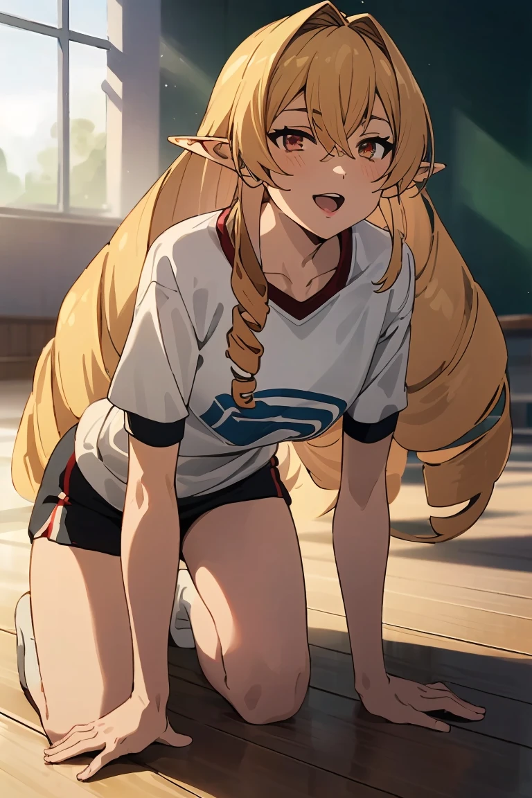 Short hair, long hair, beautiful breasts, embarrassed, shy, worried, yellow hair, short sleeves, arms, at the school, magenta polo shirt, no panties, bending over, focus ,