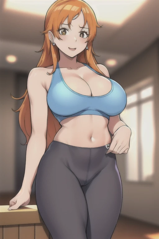 1 girl, nami, (one piece), nami one piece, long orange hair, earrings, large breasts, amazing body, pronounced feminine feature, tight gym leggings and a white crop top ultra sharp, 8k masterpiece