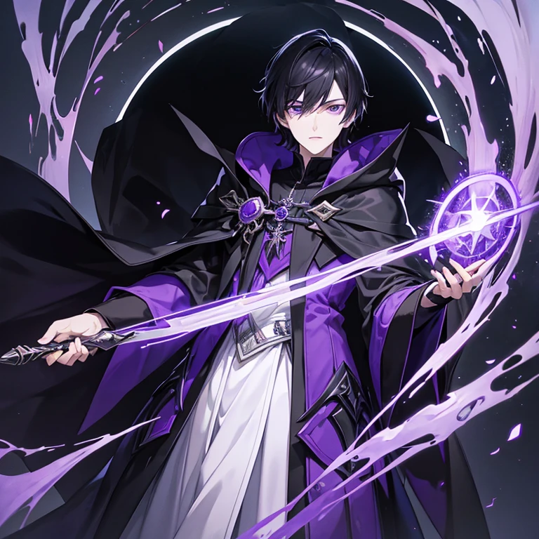 Tall young man, pale complexion, short black hair, violet eyes, black sorcerer's robe with silver and violet details, wolfs around