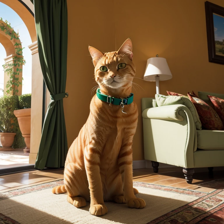 An orange tabby cat with a green cat collar sitting in the living room of a Mediterranean villa with a playful expression
