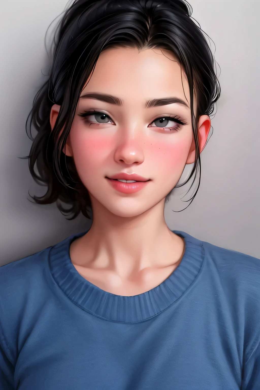 (best quality,highres,masterpiece:1.2),ultra-detailed,(realistic,photorealistic,photo-realistic:1.37),portraits,vivid colors,beautiful detailed eyes,beautiful detailed lips,elegant pose,dark green sweater,cream cargo pants,long black hair,cute ponytail,soft lips,blushing intensely,smiling, seductive gaze,medium chest,perfect body,shadows and highlights,vibrant lighting