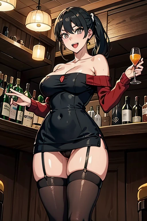 (from below:1.2),(from front:0.9), ((Face)), (Close-Up:0.4), masterpiece,"A 26-year-old girl stands at a bar counter. She is dressed in a stylish off-shoulder dress, sweater dress, off-shoulder sweater, red sweater,garter stocking, cleavage:1.1, midriff, black shorts, black thighhighs, thigh strap, pretty girl, (highly detailed beautiful face and eyes,firm breasts),real skin,((black,hair,long pony tail hair)),thin pubic hair,cute and lovely pose, detailed eyes, This masterpiece is only visually stunning but also tells,(double breasted:0.6,under bust:0.6),(with sparkling eyes and a contagious smile),open mouth, The bar is beautiful, with colorful bottles of alcohol in the background and a soft glow from neon lights. The atmosphere is relaxed, and the girl looks confident and fashionable.",full body, sexy pose,make a cocktail , in a bar counter, Looking at Viewer,