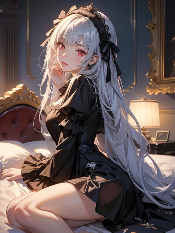 masterpiece, highest quality, Very detailed, 16k, Ultra-high resolution, Cowboy Shot, One ****************, Detailed face, Perfect Fingers, sui1,Mercury lamp, Red eyes, Long Hair, Gray Hair, Floral Hair Ornament, Long sleeve, Gothic Headband, ribbon, White lace panties, classical European style bedroom, bed,  Lying on your back, sleep