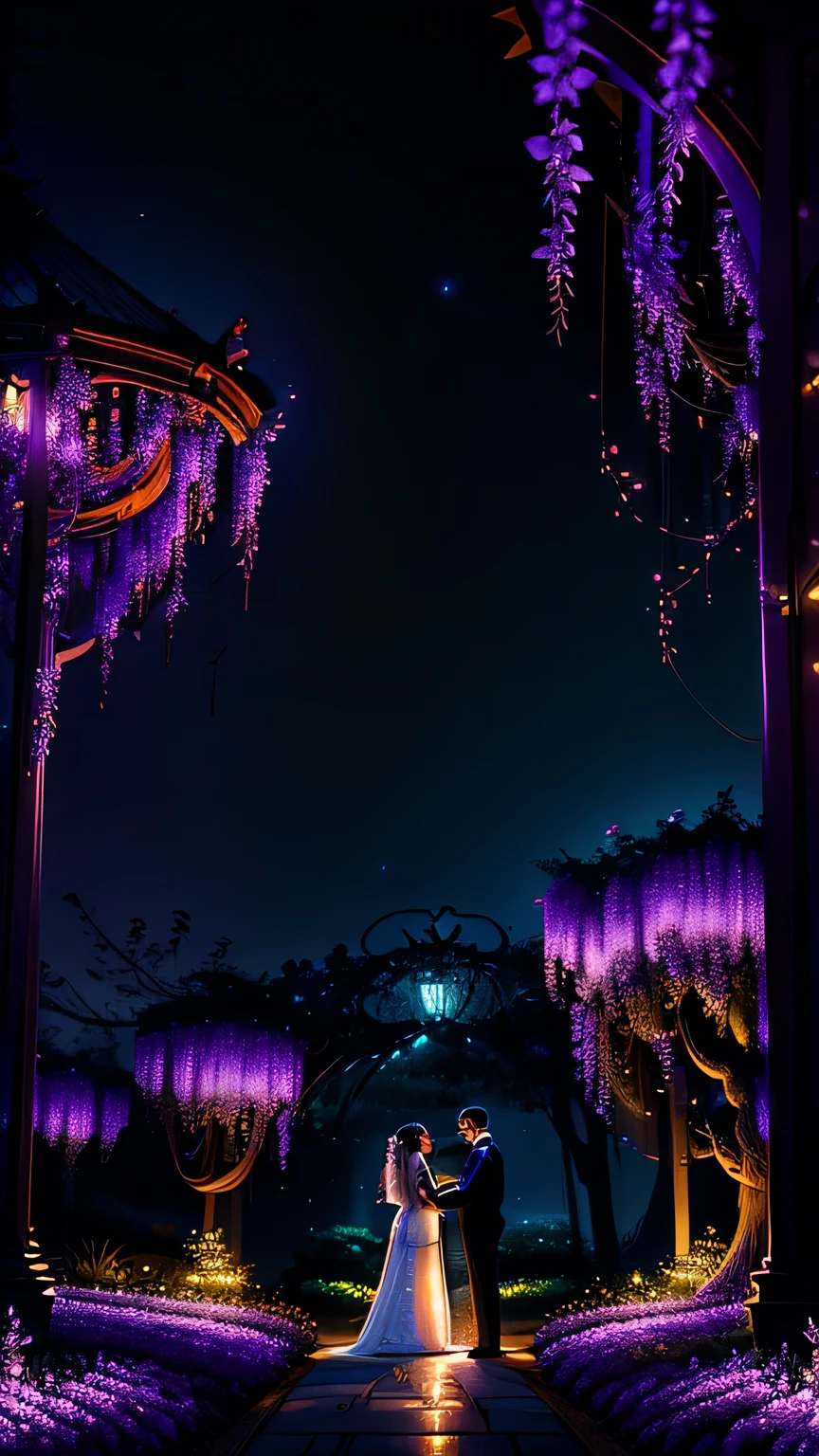 Imagine the breathtaking night view, A beautiful wisteria trellis illuminated by spotlights, Delicate purple flowers give off a fantastic glow. The exquisitely crafted petals sparkle in the soft light., Creating fascinating expressions of color and texture. Trellis, Decorated with lush green vines, It seems to stretch towards the clear night sky, As if the flowers were making the stars dance. The cool night air brings with it the sweet scent of wisteria., Create an enchanting atmosphere. The wisteria vines create an artistic interplay of light and light.、Two men and women standing with their backs to each other