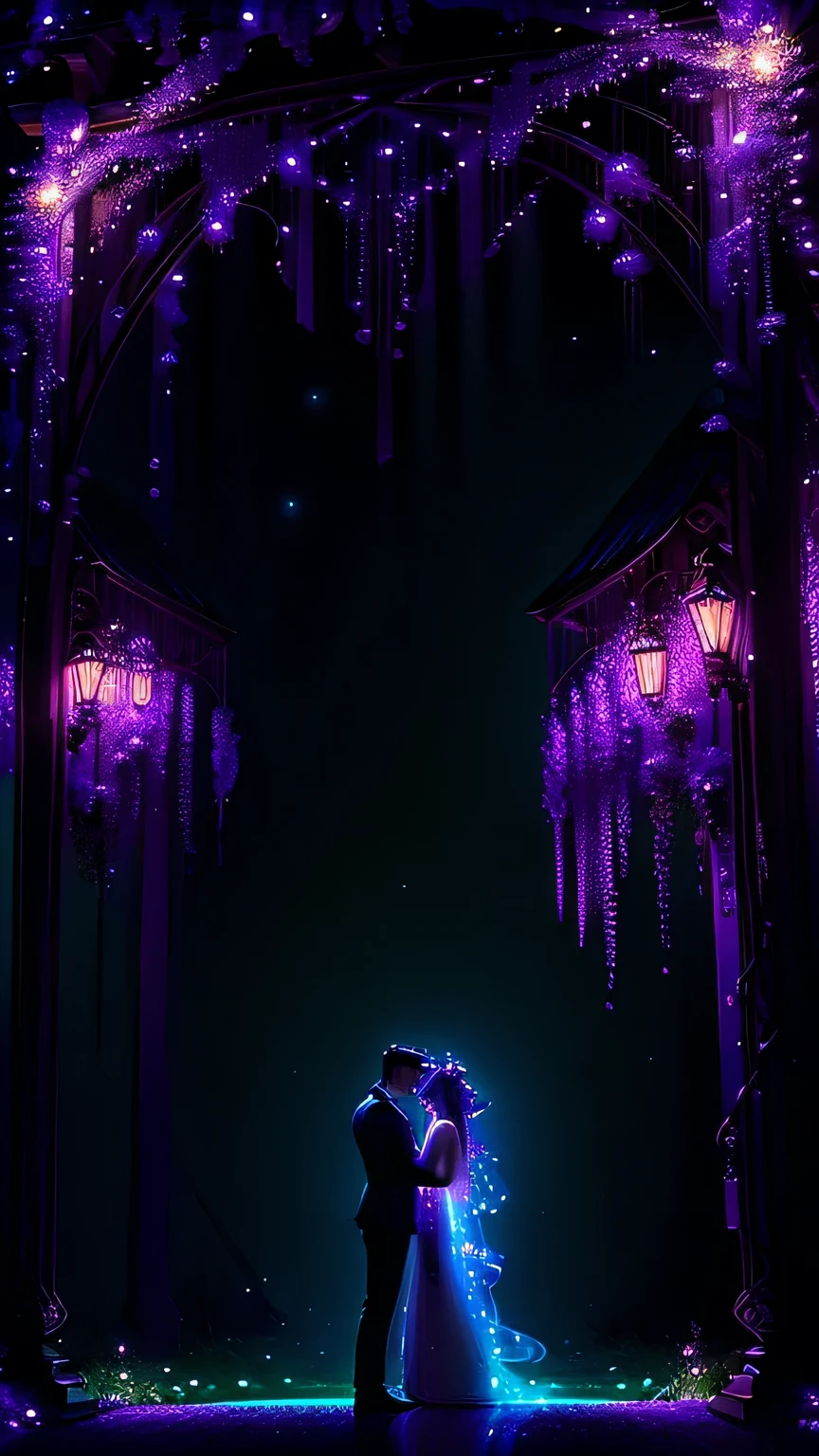 Imagine the breathtaking night view, A beautiful wisteria trellis illuminated by spotlights, Delicate purple flowers give off a fantastic glow. The exquisitely crafted petals sparkle in the soft light., Creating fascinating expressions of color and texture. Trellis, Decorated with lush green vines, It seems to stretch towards the clear night sky, As if the flowers were making the stars dance. The cool night air brings with it the sweet scent of wisteria., Create an enchanting atmosphere. The wisteria vines create an artistic interplay of light and light.、Two men and women standing with their backs to each other