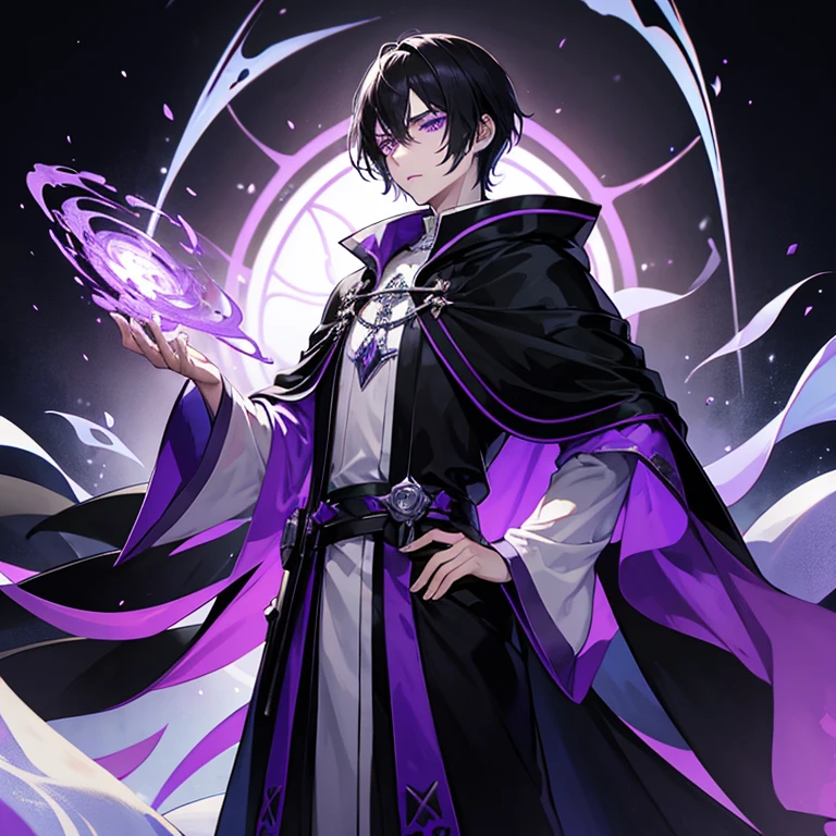 Tall young man, pale complexion, short black hair, violet eyes, black sorcerer's robe with silver and violet details