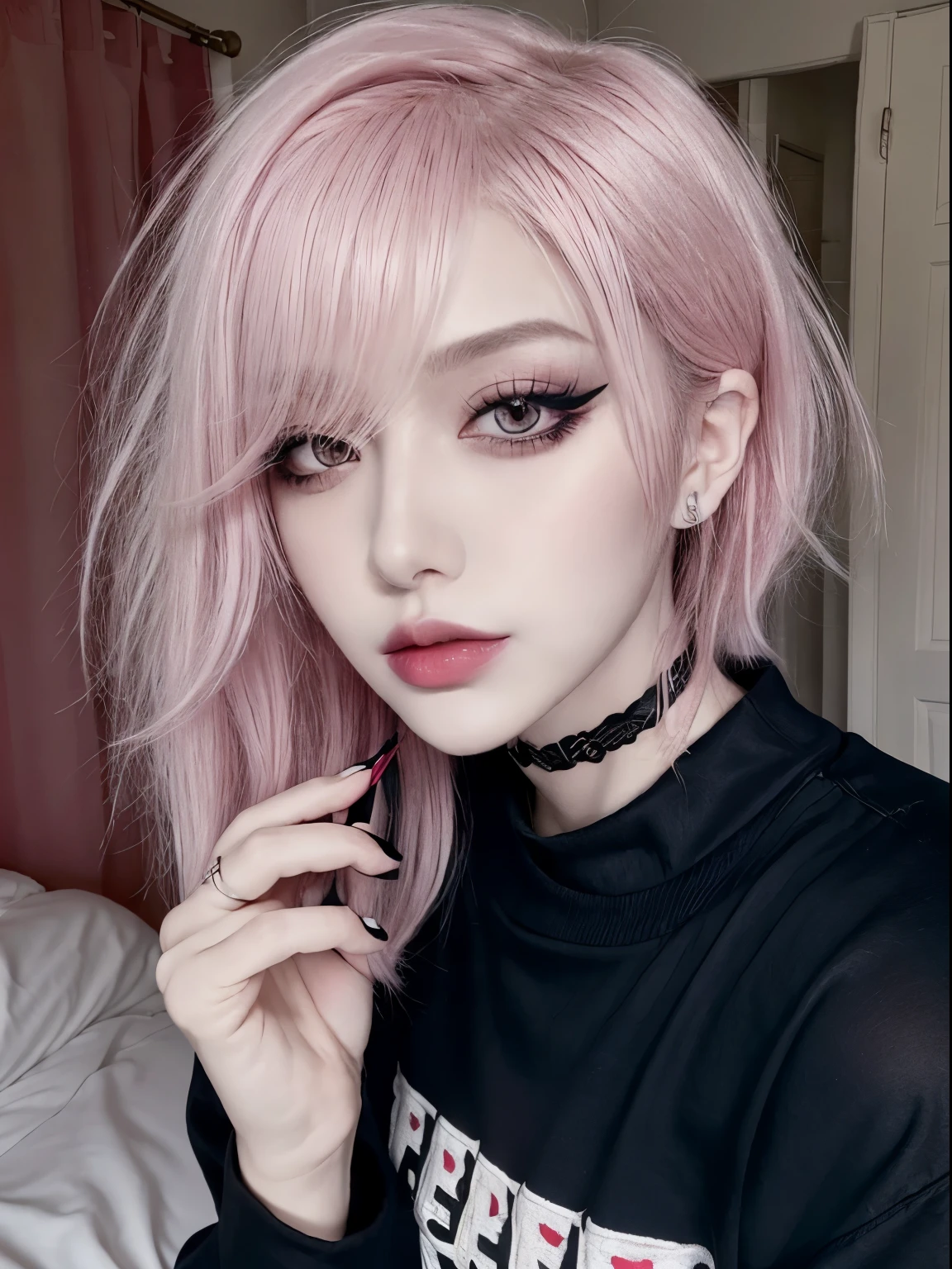 1girl, woman, emo_hairstyle, Natural pale pink lipstick, big choker, eyeliner, eye shadow, mascara, smoky eyes, red lips, bedroom, natural lighting, perfect face, emo, black lips, sweatshirt, over the shoulder