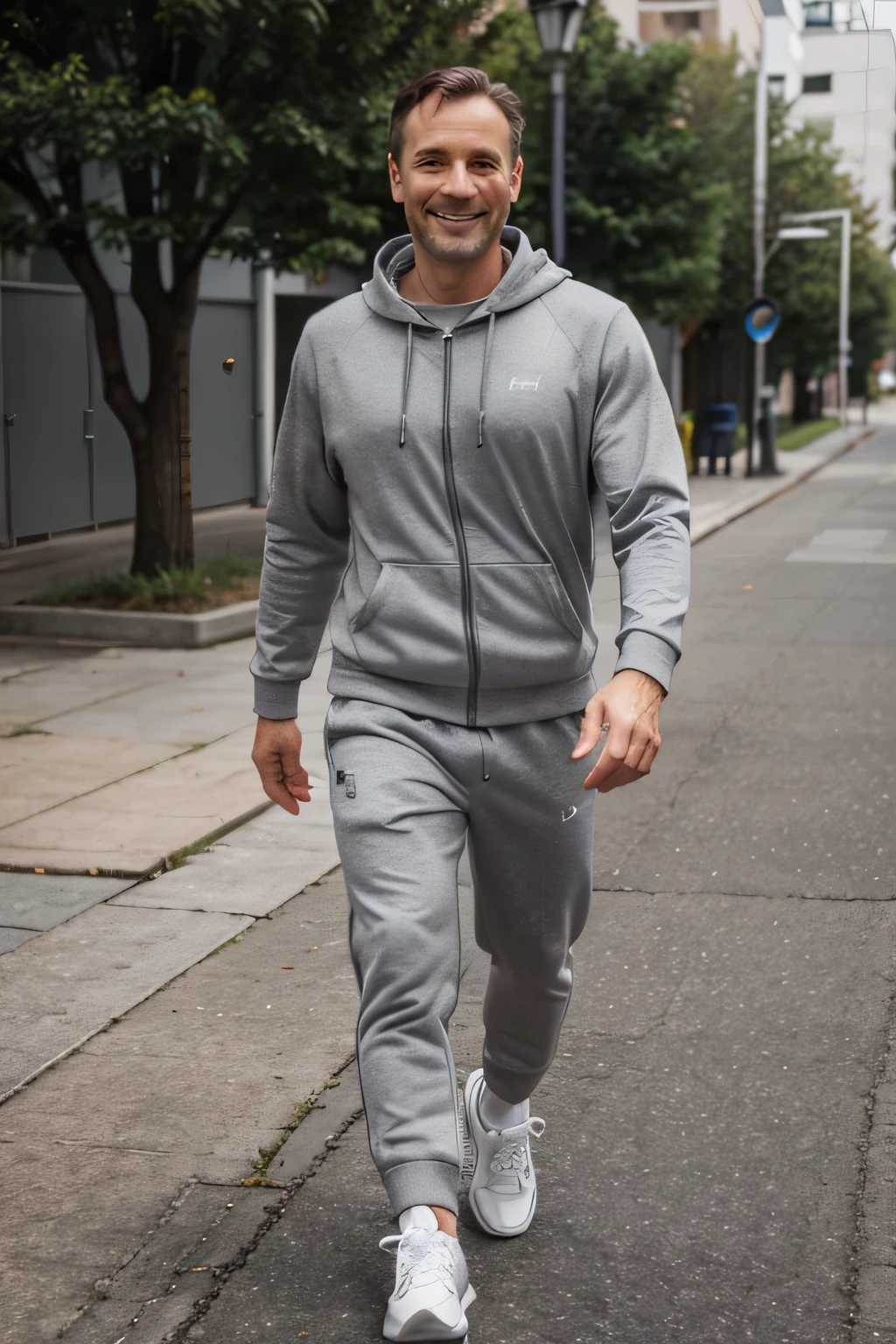 A smiling slim 40 years old caucasian man in a grey jogging costume and sneakers walking full height.