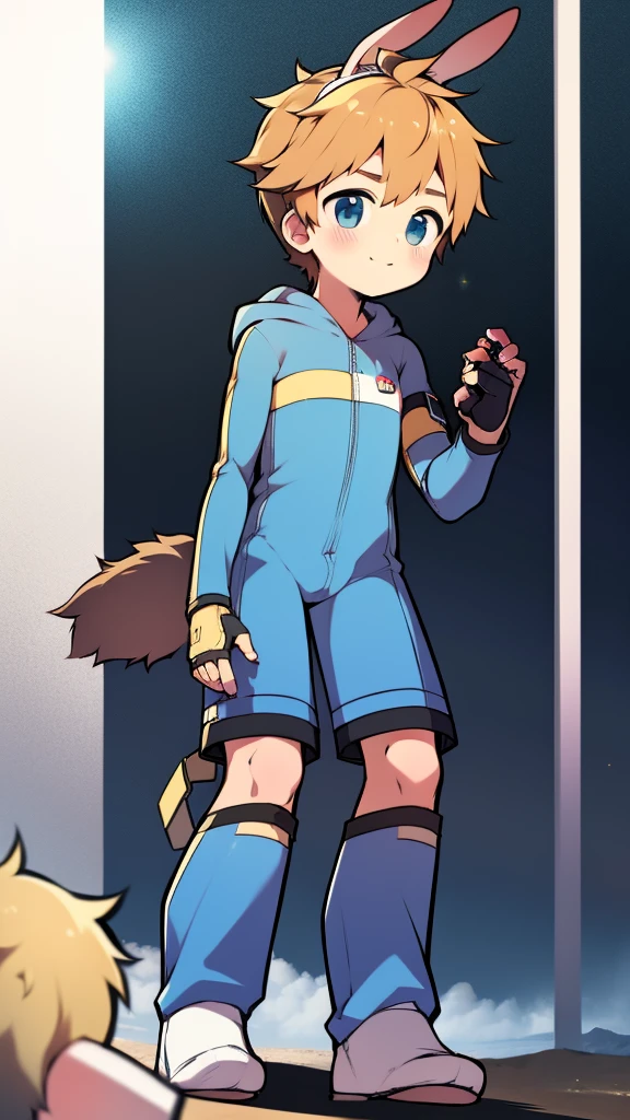 ((A young boy)),(Youthful feeling),One-piece mountaineering suit,Slender figure,Healthy limbs,Goggles,Fingerless gloves,Cotton socks,Short sleeve,stand up,happy,Rabbit ears,Rabbit Tail