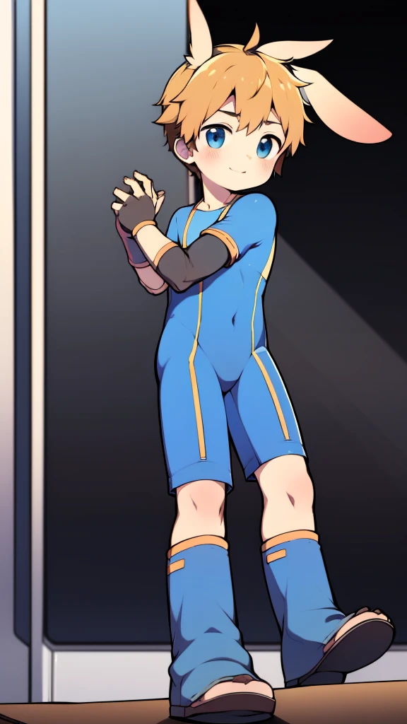 ((A young boy)),(Youthful feeling),One-piece mountaineering suit,Slender figure,Healthy limbs,Goggles,Fingerless gloves,Cotton socks,Short sleeve,stand up,happy,Rabbit ears,Rabbit Tail