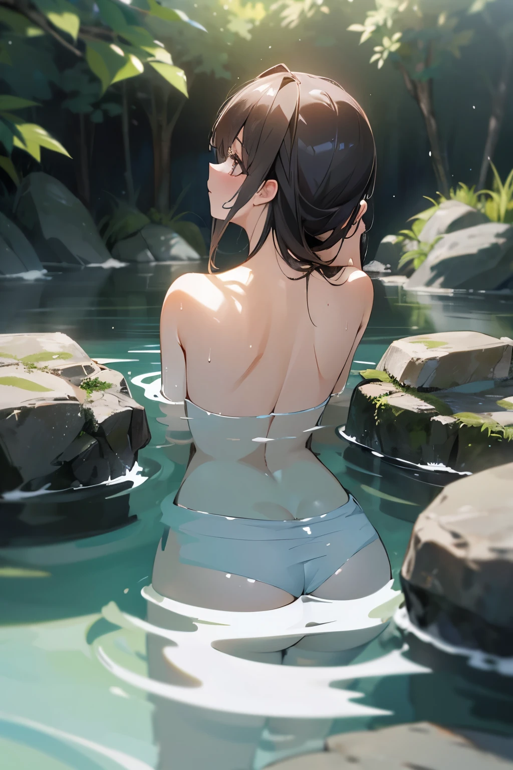 (Open-air bath)、(Bathing scene)、(Delicate skin)、((Angle from behind))、Realistic shadows、斜めAngle from behind、Black Hair Beauty、Wet Hair、Beauty、Bathing in the rock bath、From the shoulders up、From the chest down, in hot water、Real、8K High Resolution、Maximum resolution